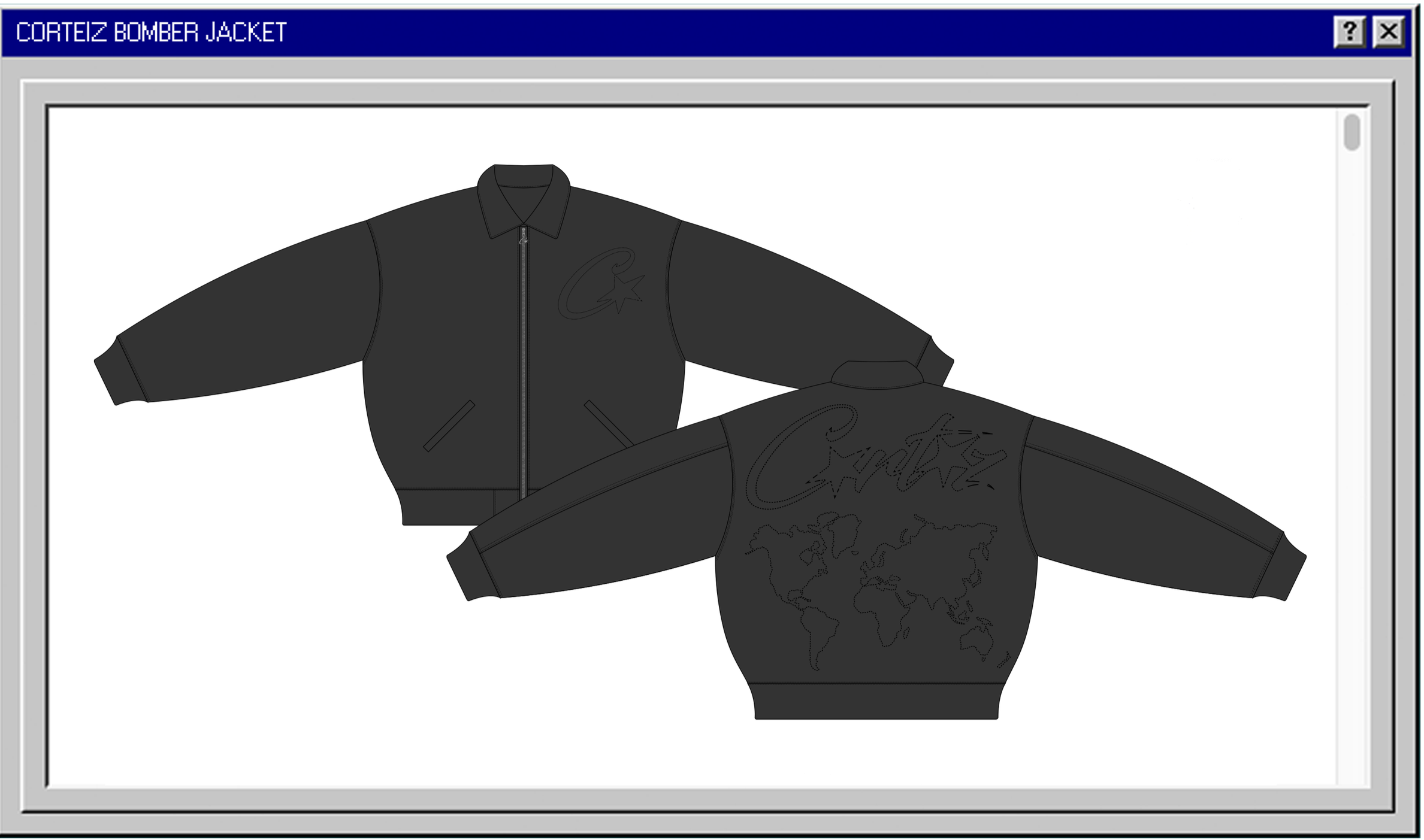 Digital illustration of a black bomber jacket with a front zipper, two side pockets, and embroidered designs on the front and back. The front has a cursive signature with a star, while the back displays a world map outline with the same signature.