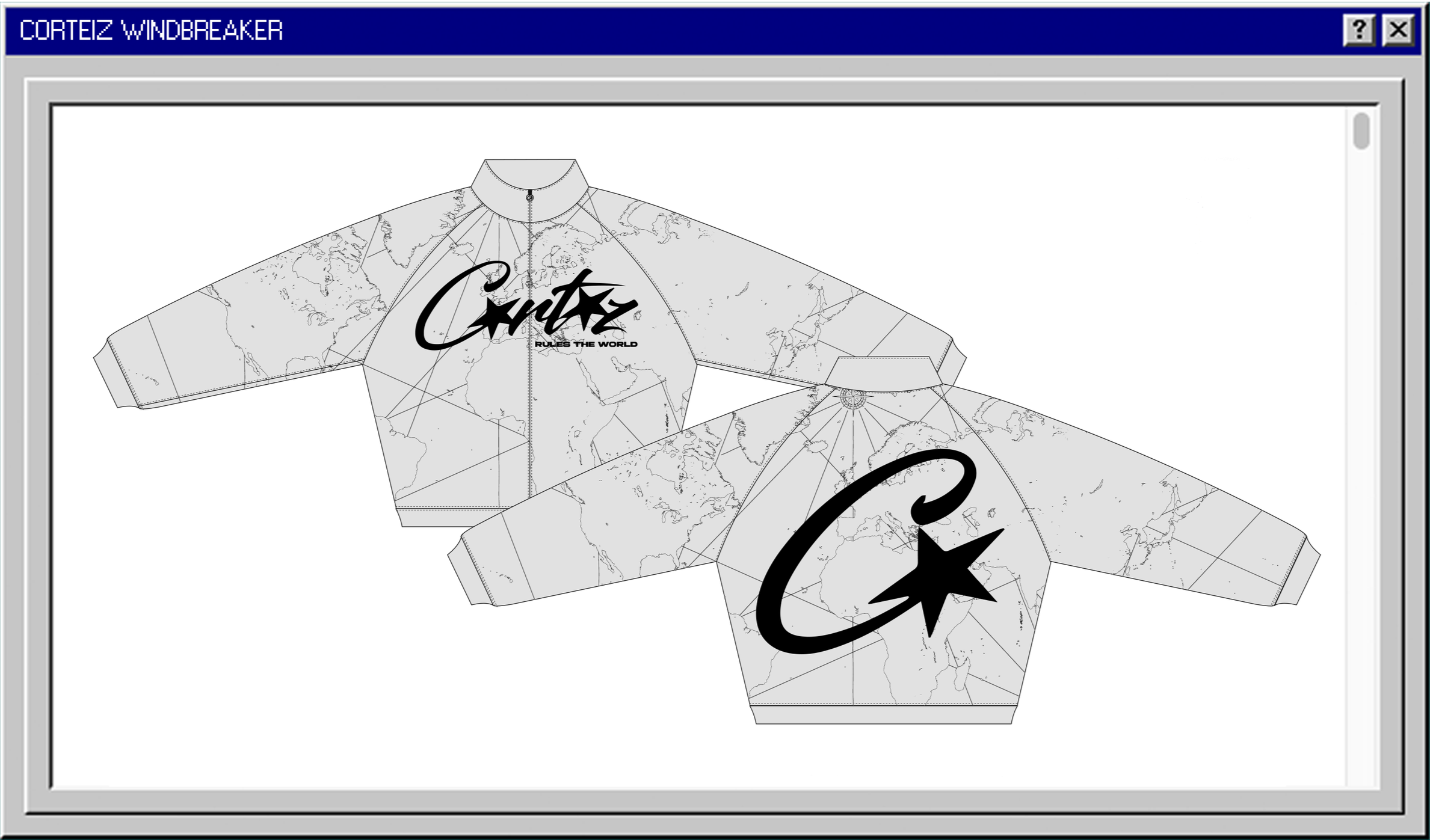 A digital illustration of two windbreaker jackets with a world map pattern and the word 'Cortez' in black graffiti font. One jacket displays the phrase 'RULES THE WORLD' underneath.