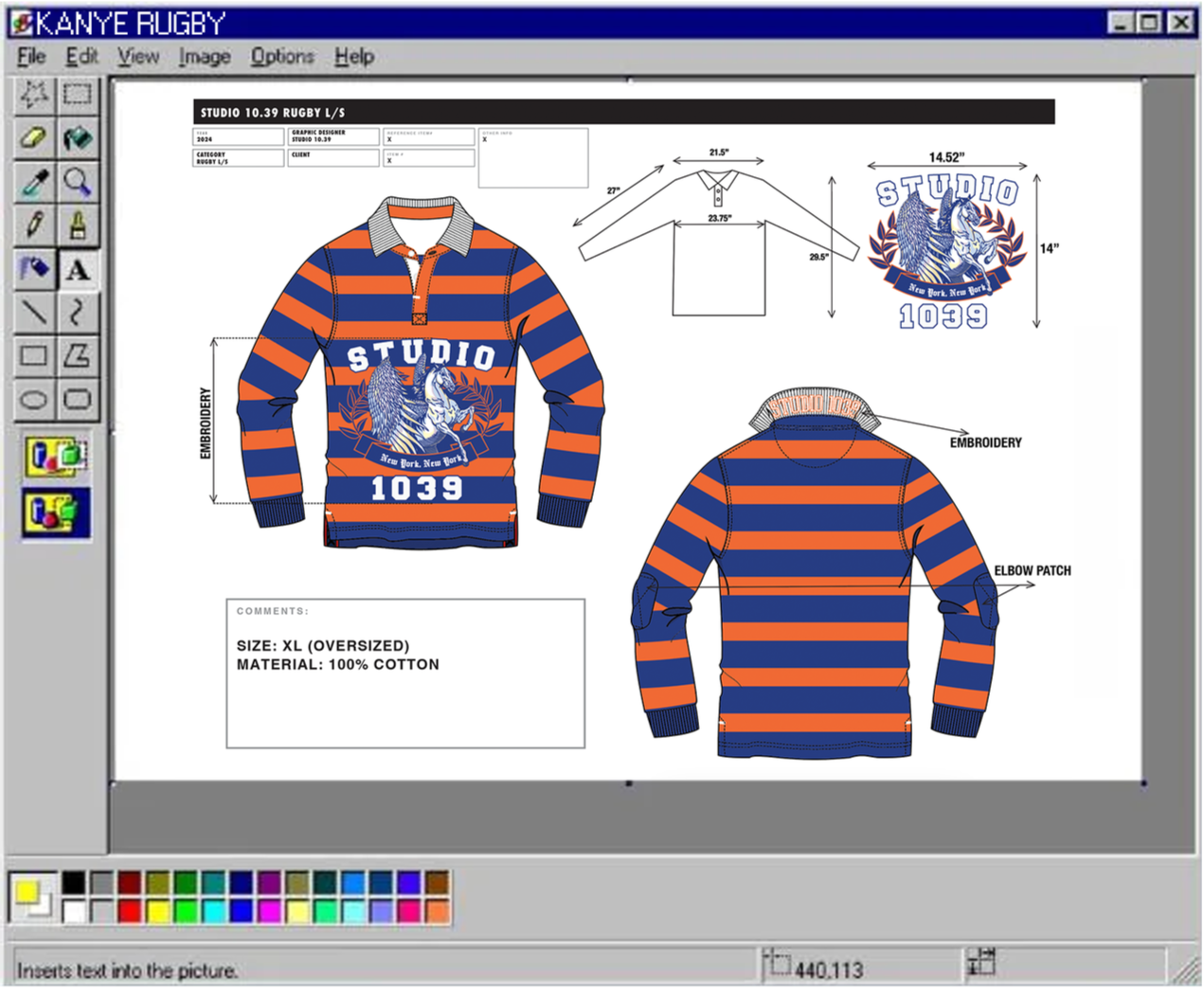 Design sketch of a rugby sweater with orange and navy stripes, featuring embroidery of a horse and winged horse with the text 'STUDIO 1039' and 'New York, New York,' along with measurements and material details.