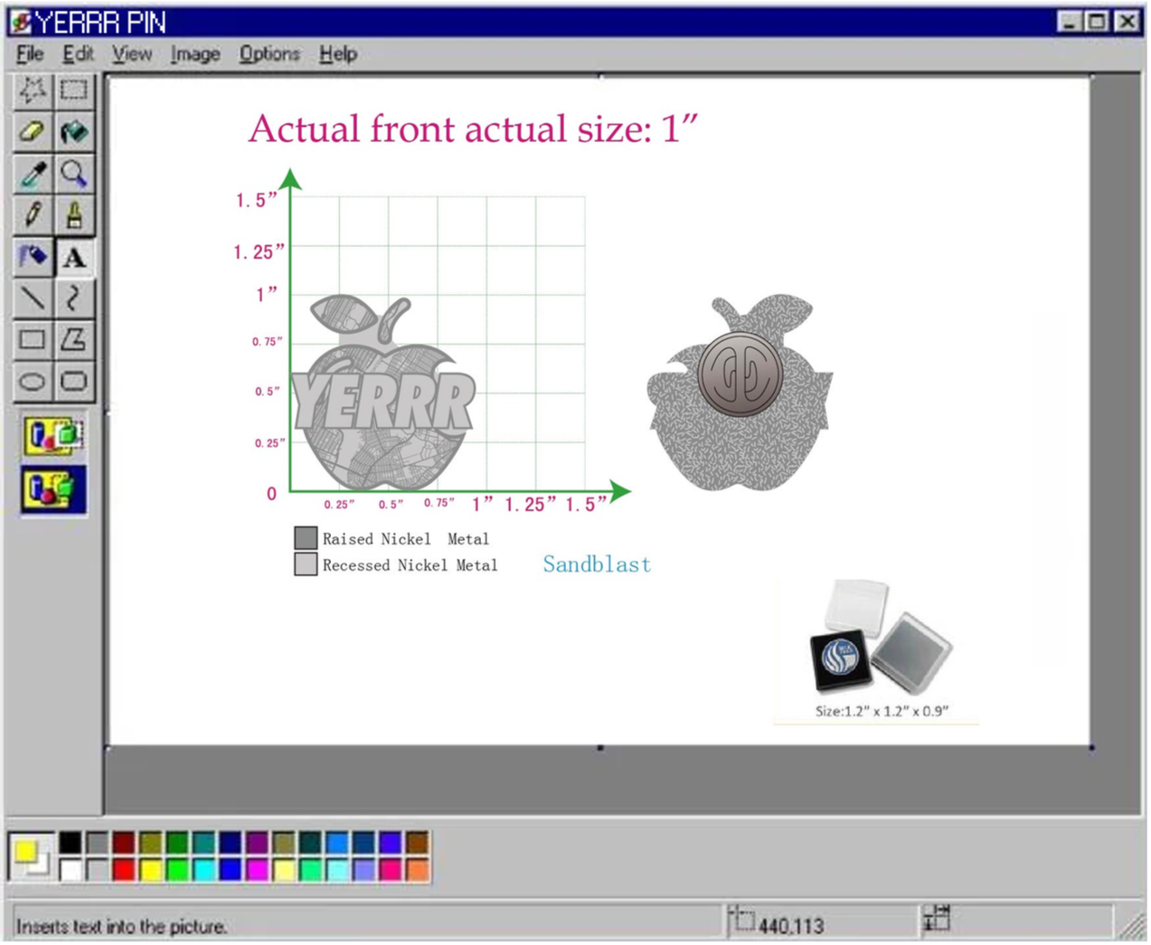 This is a computer screen showing a graphic design software window with images of a custom Pokémon themed Apple logo and metallic badges. The design is labeled with measurements and materials such as raised and recessed nickel metal, and includes a c