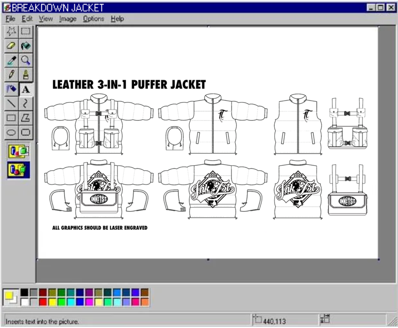 Design blueprint for a leather 3-in-1 puffer jacket, showing various views with detailed sketches and laser engraving instructions.