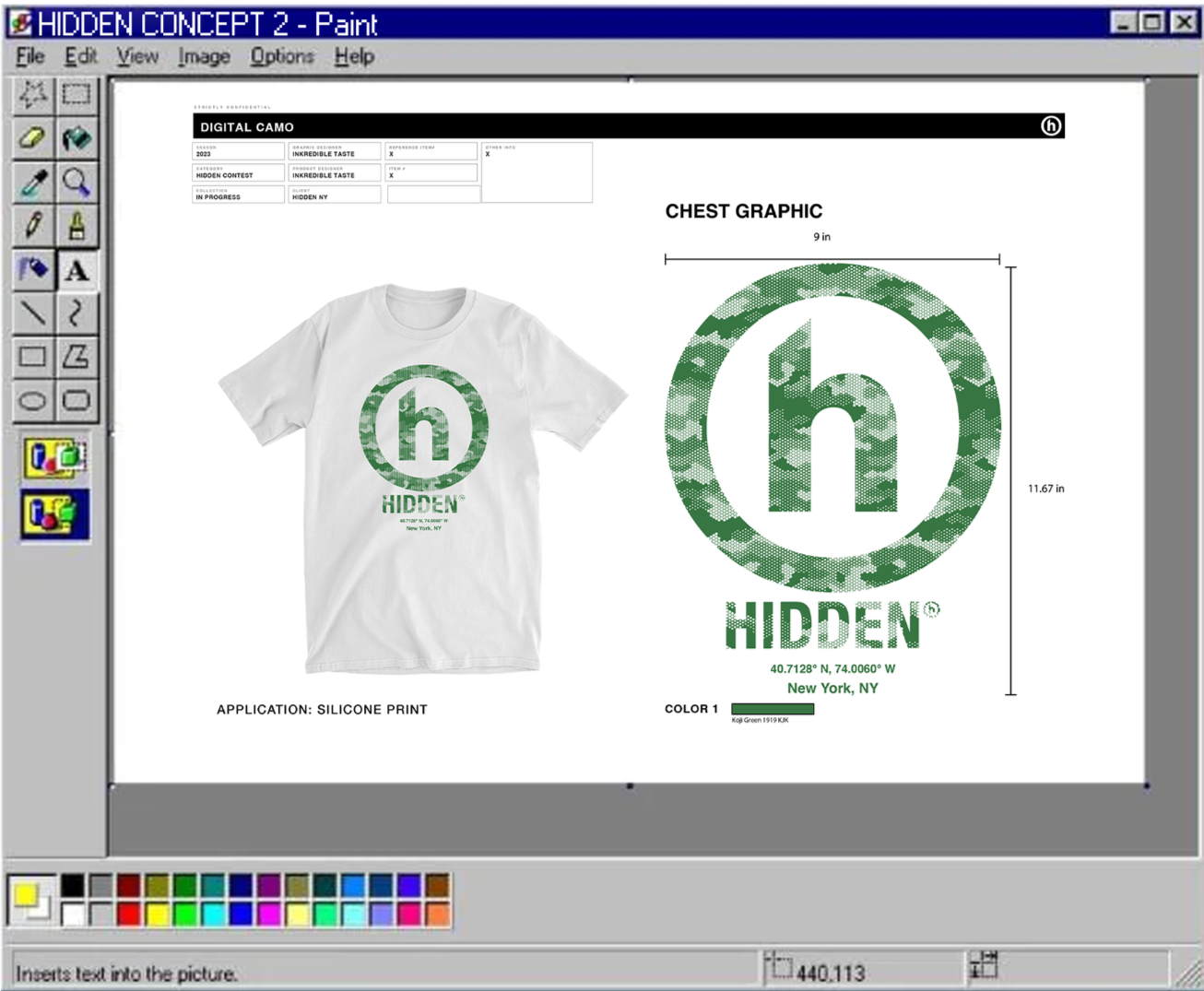 A computer screen displaying a design for a white T-shirt with a green digital camouflage-style circular graphic of the letter 'h' and the word 'HIDDEN' beneath it, including measurements and color information for print.