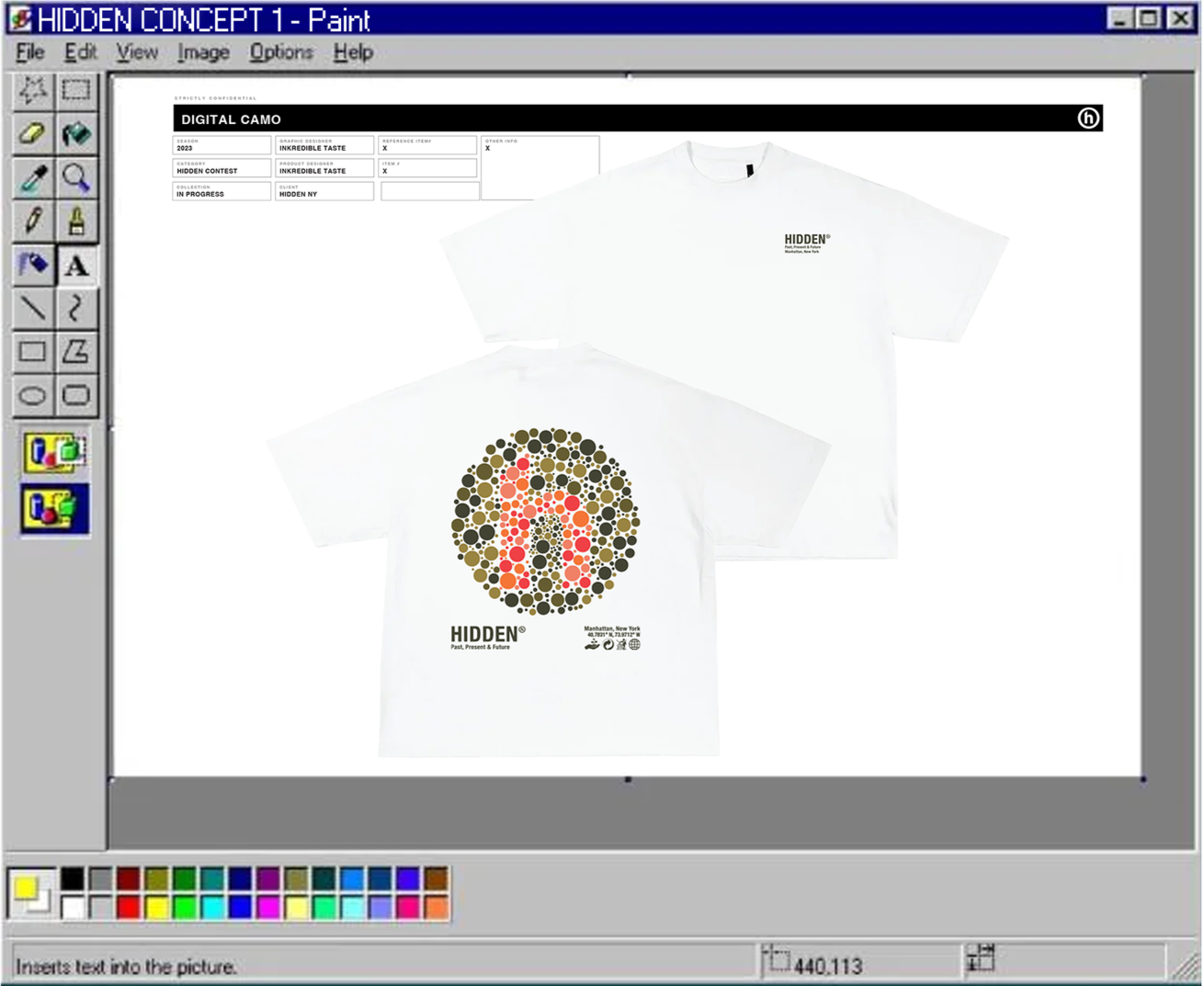 Screenshot of a digital design software showing two white t-shirts. The front of one t-shirt has a small black text logo reading 'HIDDEN' near the chest. The back of the other t-shirt features a large circular graphic made of small circles in black, 