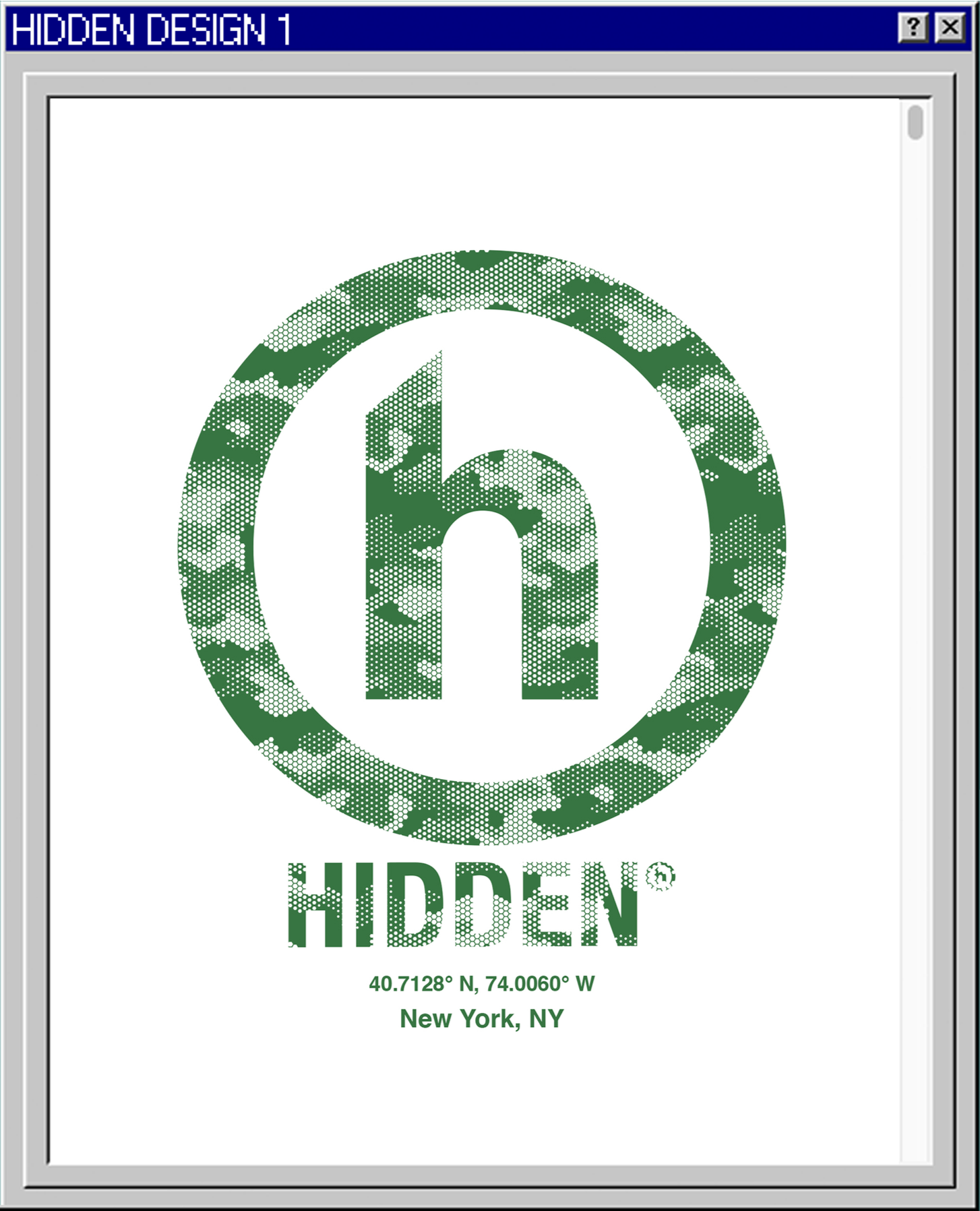 A digital graphic with a dotted camouflage pattern displays the LinkedIn logo inside a circle, with the word 'HIDDEN' beneath it, along with coordinates 40.7128° N, 74.0060° W, and the location "New York, NY".