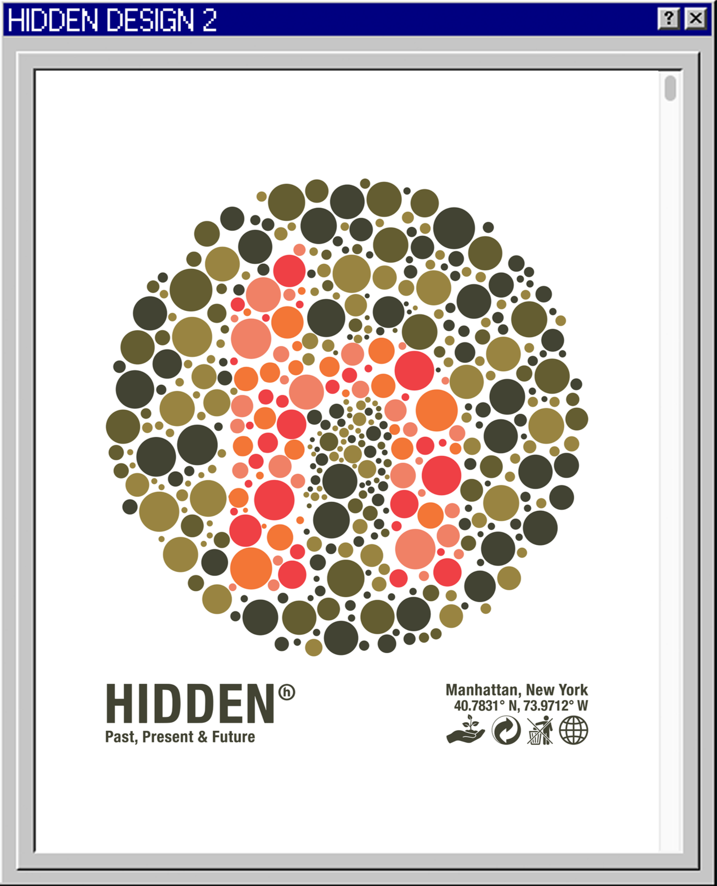 Colorful circular pattern graphic titled 'Hidden Design 2' with the subtitle 'Past, Present & Future' and location coordinates of Manhattan, New York.