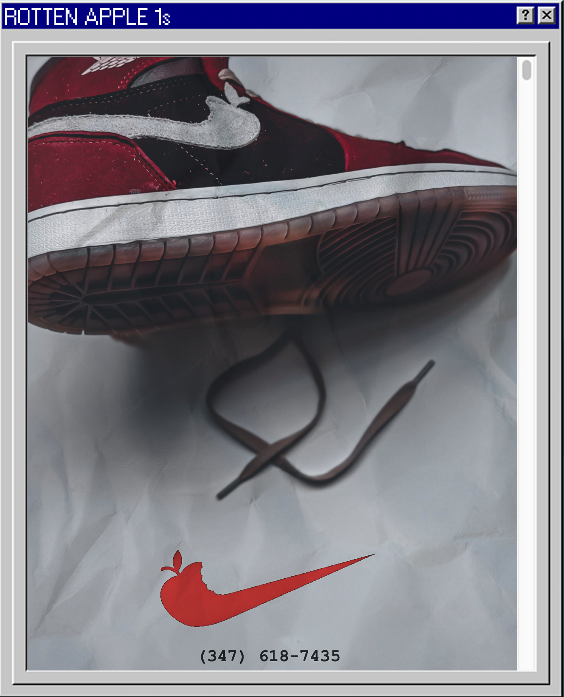 A red and black Nike sneaker with a white swoosh logo, placed on white crumpled paper with a distressed apple logo and a phone number underneath.