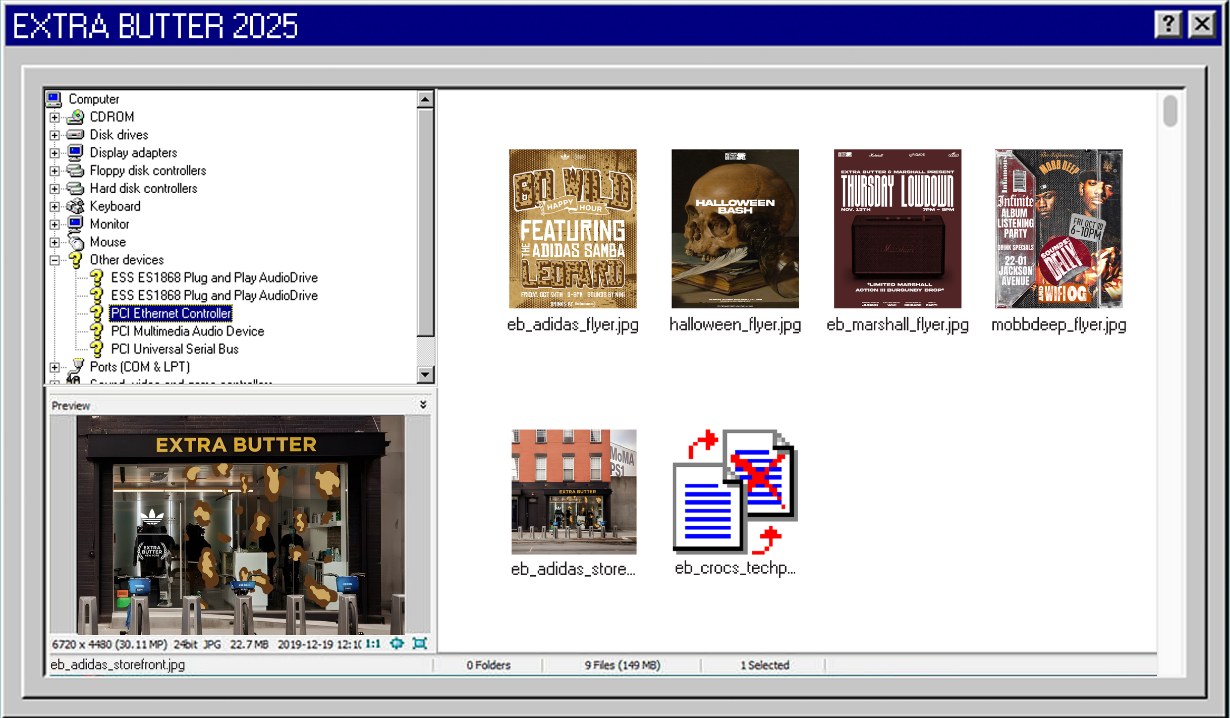 A computer file explorer window displaying various image files and folders. The folder is titled 'EXTRA BUTTER 2025' and contains four visible flyers for events and an image of a storefront with the sign 'EXTRA BUTTER'. The flyers include designs for a hip-hop event, Halloween bash, a music event called Thursday Louddown, and an outdoor music event.