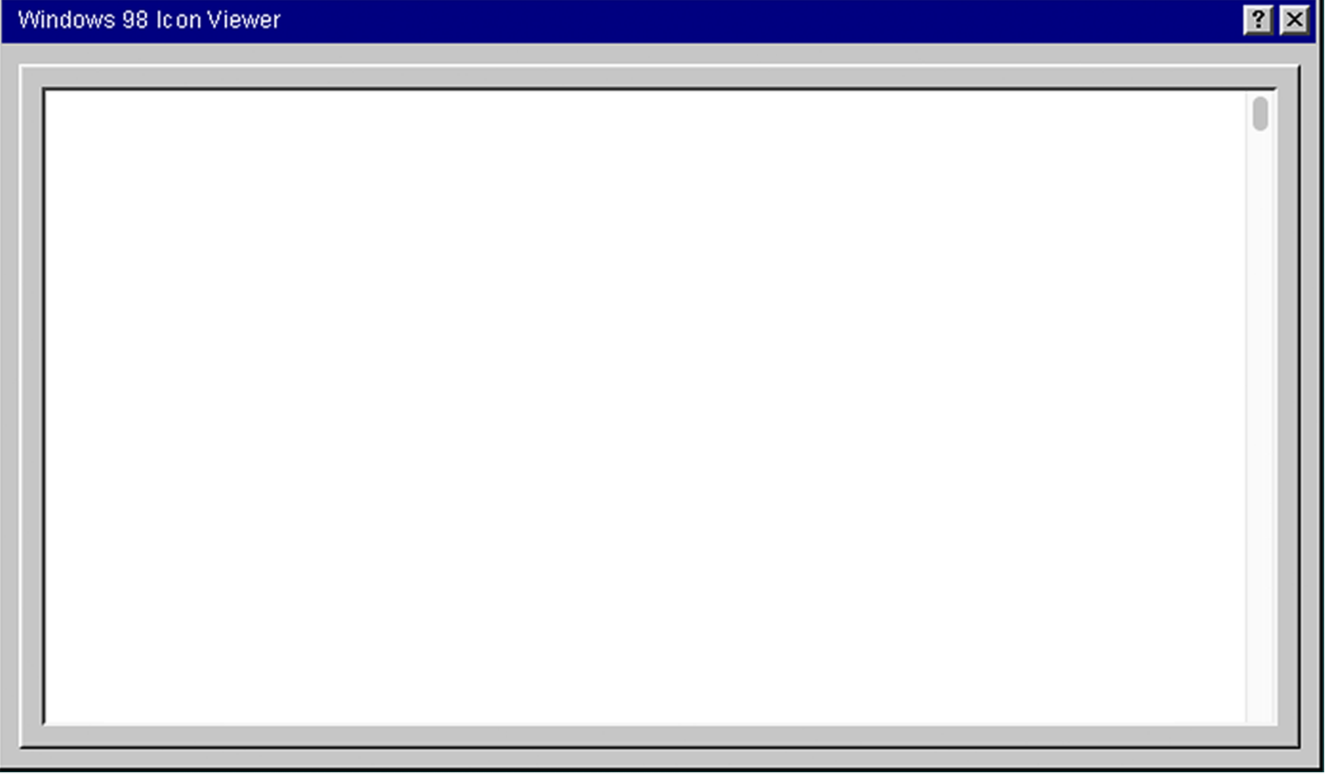 A computer window titled 'Windows 98 Icon Viewer' with a blank white display area and minimize, maximize, and close buttons in the top right corner.
