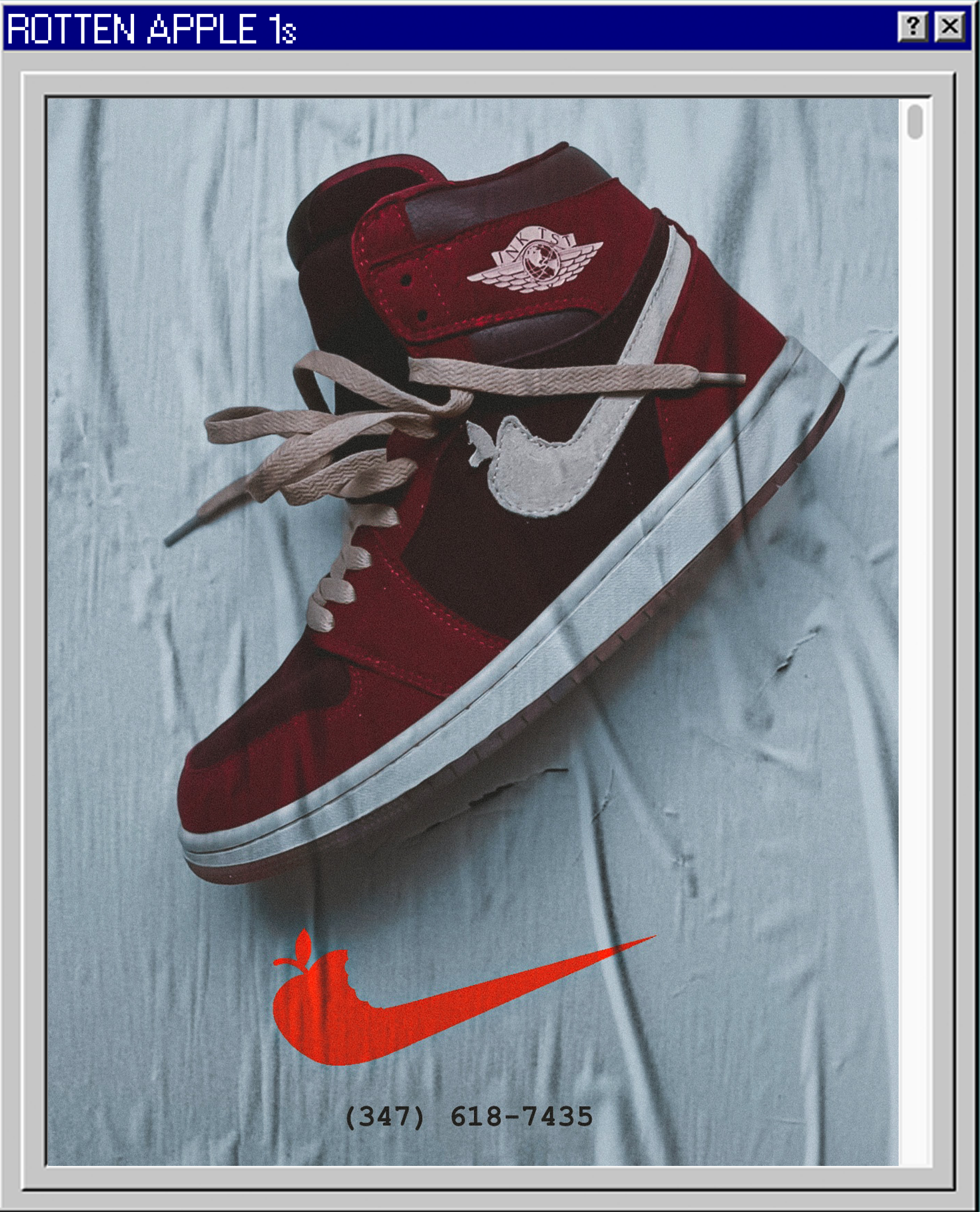 A red and black Nike high-top sneaker with white laces, featuring a white Nike swoosh and a Jordan Wings logo, lying on a light-colored wooden surface. An orange Nike swoosh graphic and a phone number are displayed below the shoe.