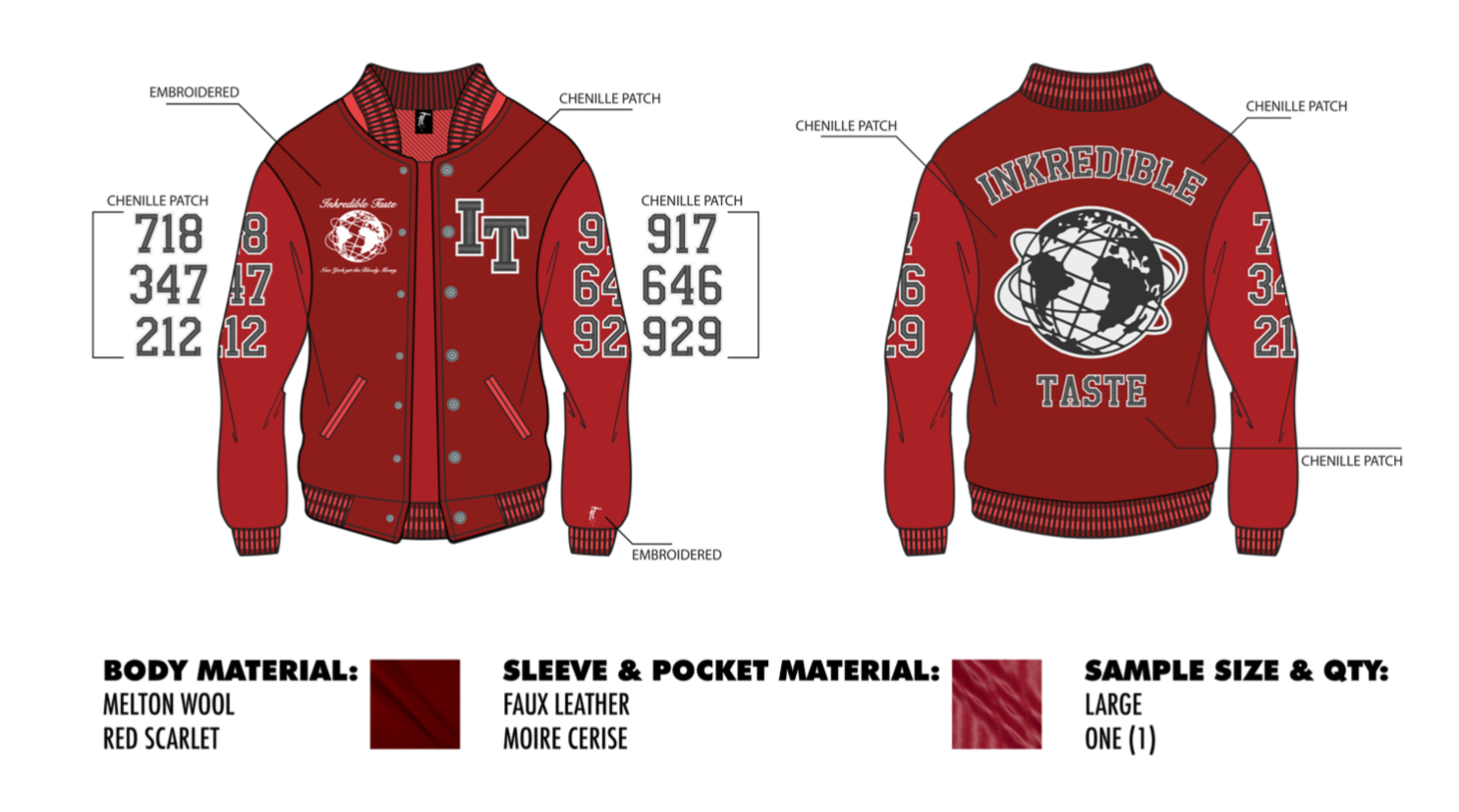 Illustration of a red varsity jacket with various patches and embroidery. The front features the text 'Incredible State' and 'Taste' with a globe graphic, while the back displays 'Incredible' above the globe and 'Taste' below. Labels point out body material as melton wool and red scarlet, sleeve and pocket material as faux leather and moire cerise, and sample size as large. Patches are referenced on the sleeves and chest.