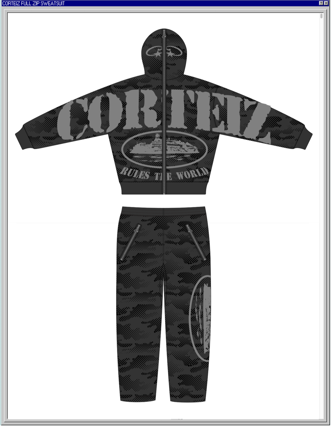 A black and gray camouflage tracksuit with the word 'CORTELY' across the jacket and 'RULES THE WORLD' below an oval graphic on the chest. The track top has a front zipper, and the matching pants have zippered pockets and an oval graphic on the thigh.