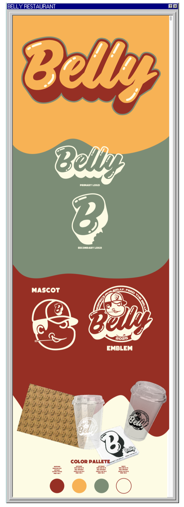 Branding board for Belly Restaurant, showcasing logo variations, mascots, emblem, and color palette. Includes the main logo in large letters, simplified logos, mascot illustrations, an emblem with a character and text, and coffee cups with branding.
