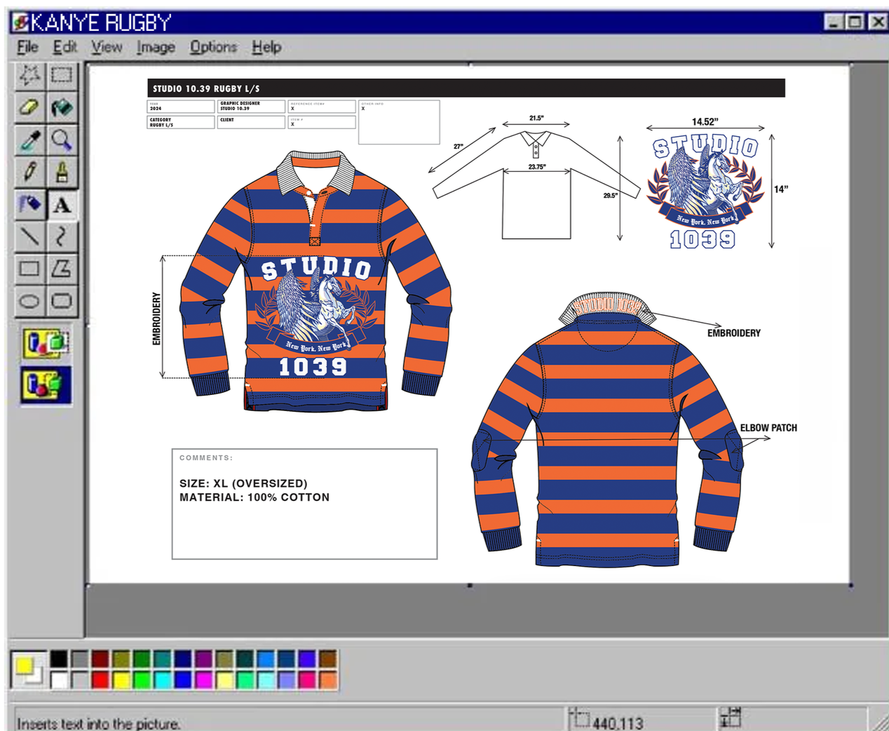 Design blueprint of a rugby shirt with orange and blue horizontal stripes. The front features a large embroidery of a lion and eagle with the text "STUDIO" above and "New York. New York" below. The number "1039" is displayed at the bottom. The back shows the striped pattern and labeling for embroidery and elbow patches. Measurements and construction details are included.