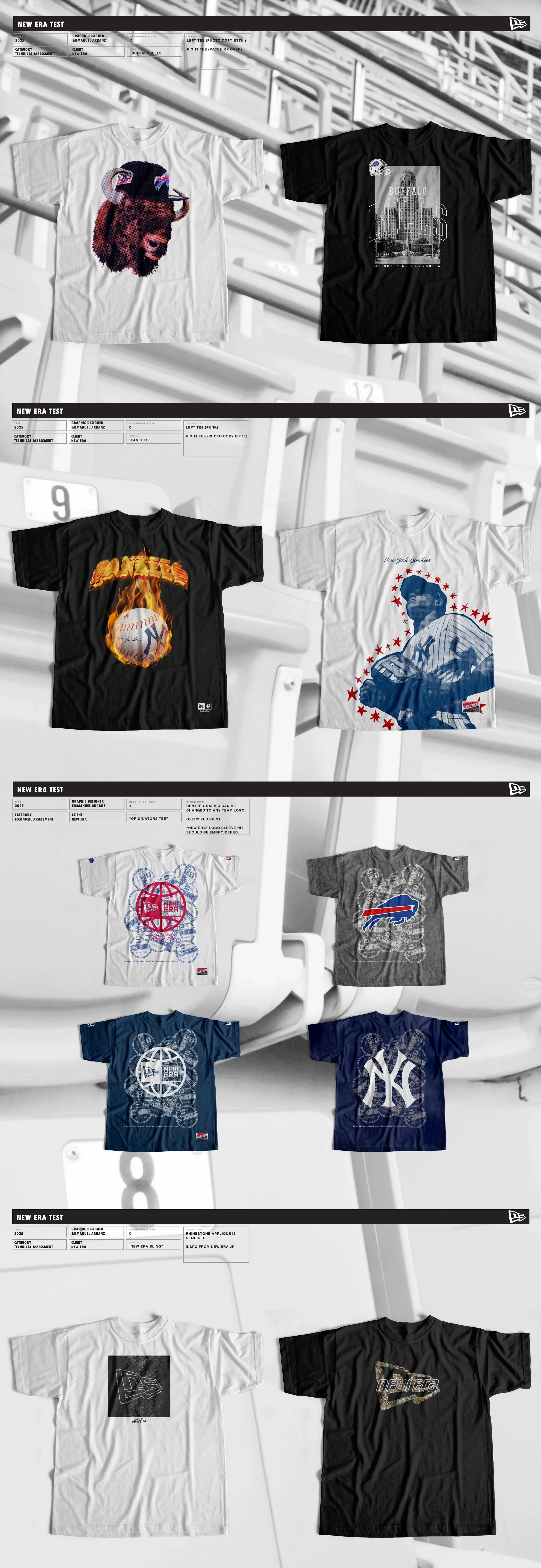 Six graphic T-shirts displayed on stadium seats, featuring various sports team logos and designs.