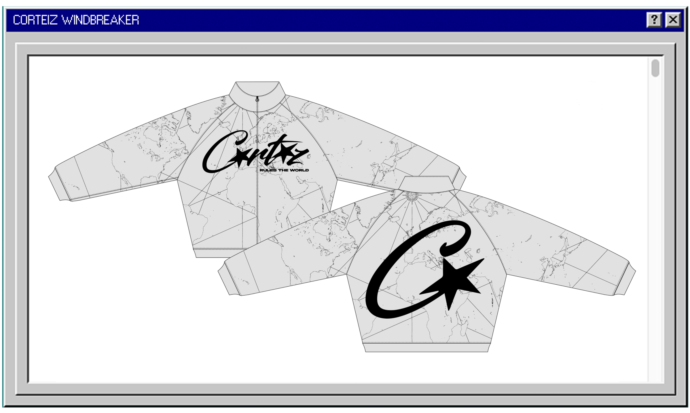 Graphic design of two jackets featuring a world map background, with the word 'Cortez' and the phrase 'Rules the World' on one jacket, and a large star and swoosh design on both jackets.