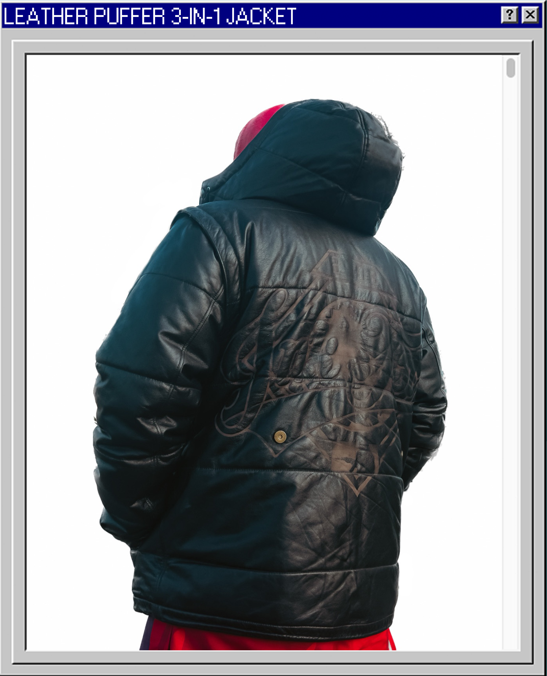 Back of a person wearing a black leather jacket with a hood and red pants, facing away from the camera.