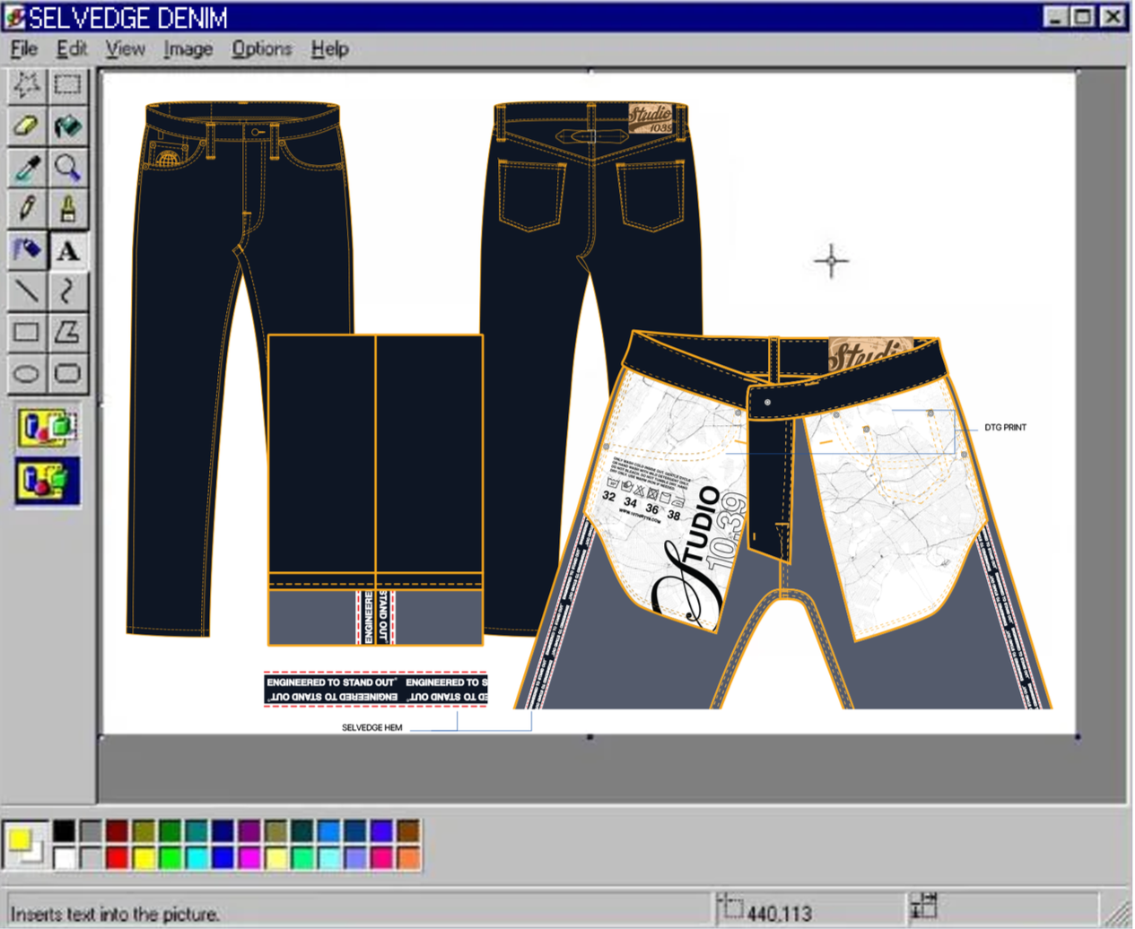 Digital illustration of denim jeans design on a computer screen, featuring front, back, and detailed pattern views with branding and text.