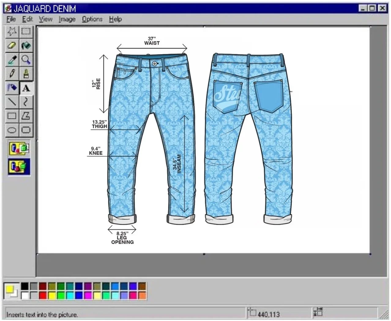 A digital illustration of a pair of jeans with floral pattern, showcasing front and back views with measurements for waist, rise, thigh, inseam, knee, and leg opening, displayed in a computer interface.
