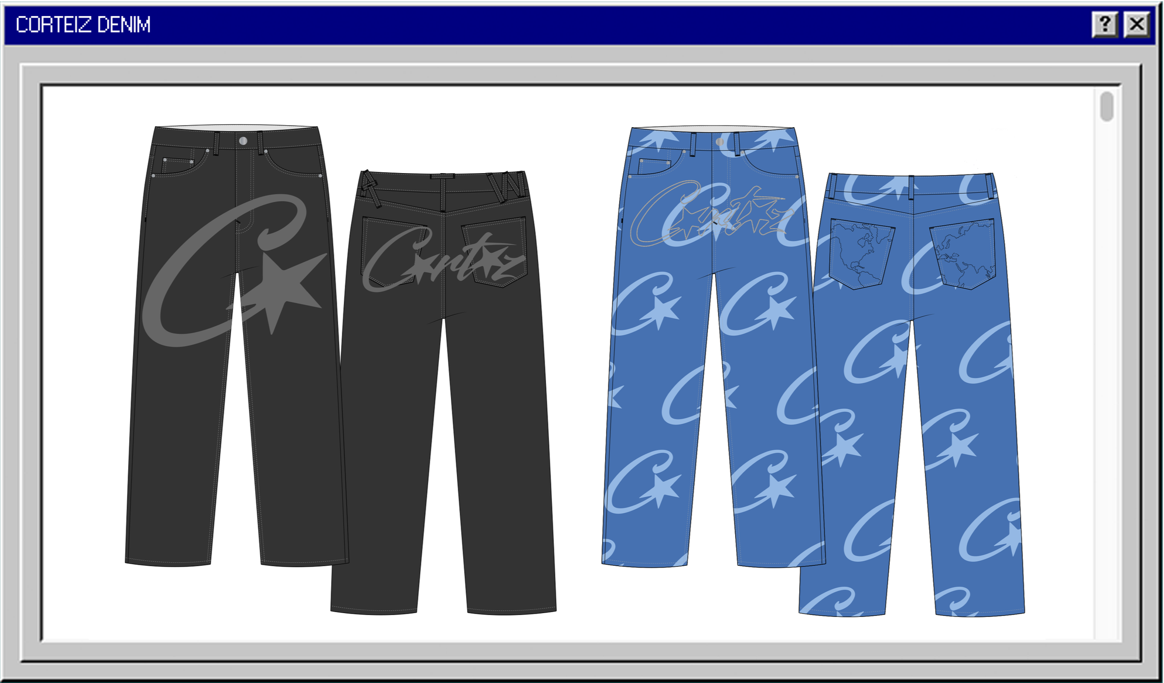 Digital illustration of four pairs of jeans, two black on the left and two blue with star and cursive patterns on the right, displayed in a retro computer window labeled "CORTEZ DENIM."