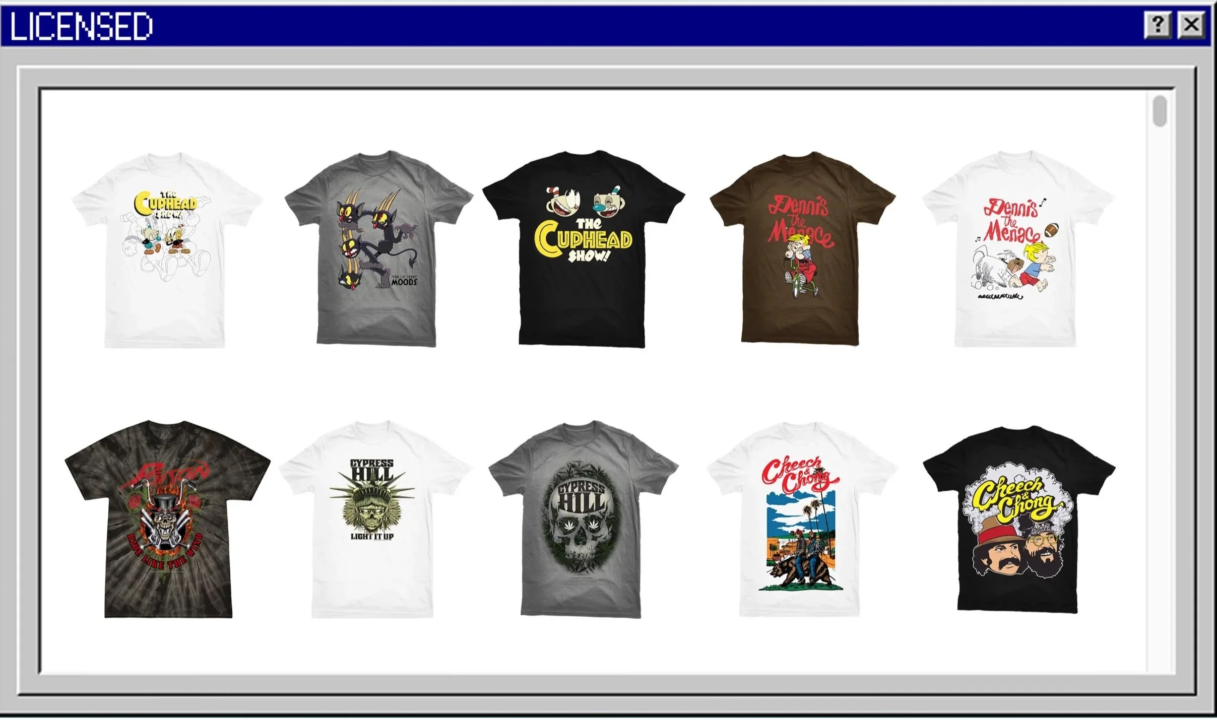 Collection of ten graphic T-shirts featuring cartoon characters, skull designs, and colorful logos arranged in two rows on a digital screen.