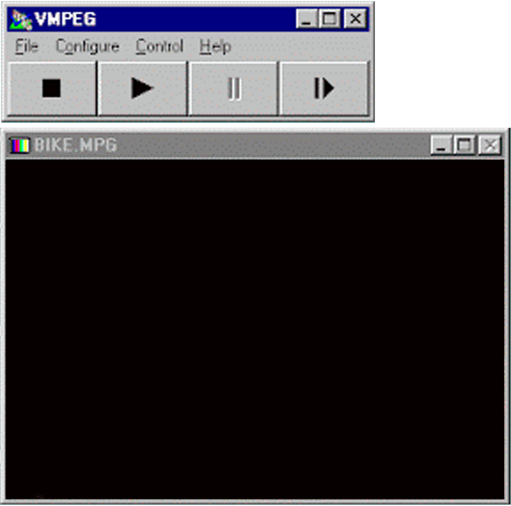 Screenshot of a vintage Windows media player with a media file named 'BIKE.MPG' open, featuring a black screen and control buttons at the top.
