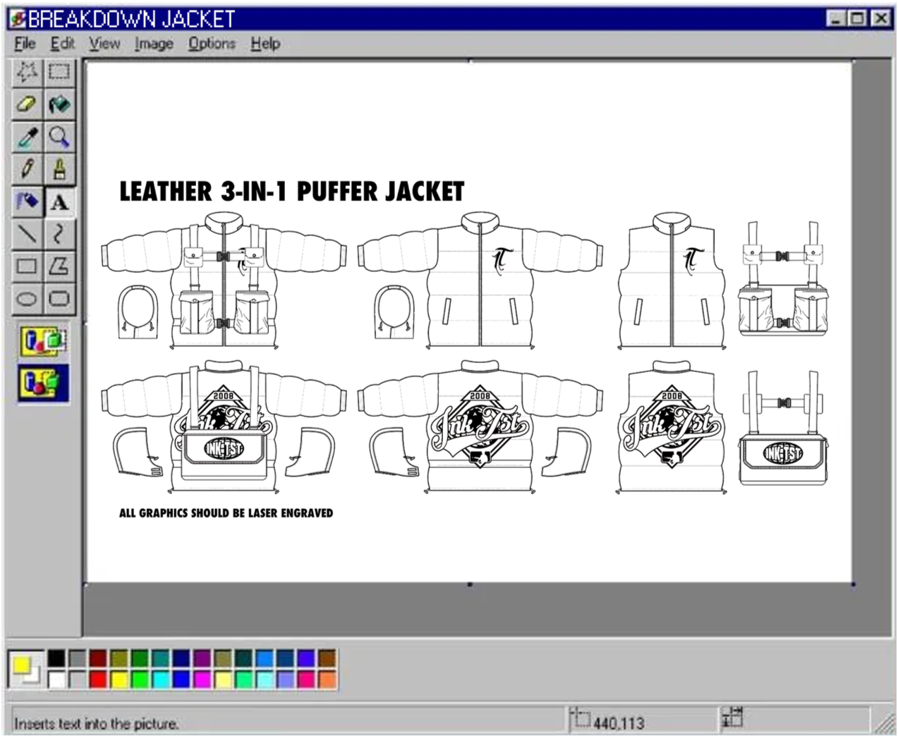 Design sketch of a leather 3-in-1 puffer jacket with various views and graphics for laser engraving, including a logo that says 'Ink Tst' and the year 2008.