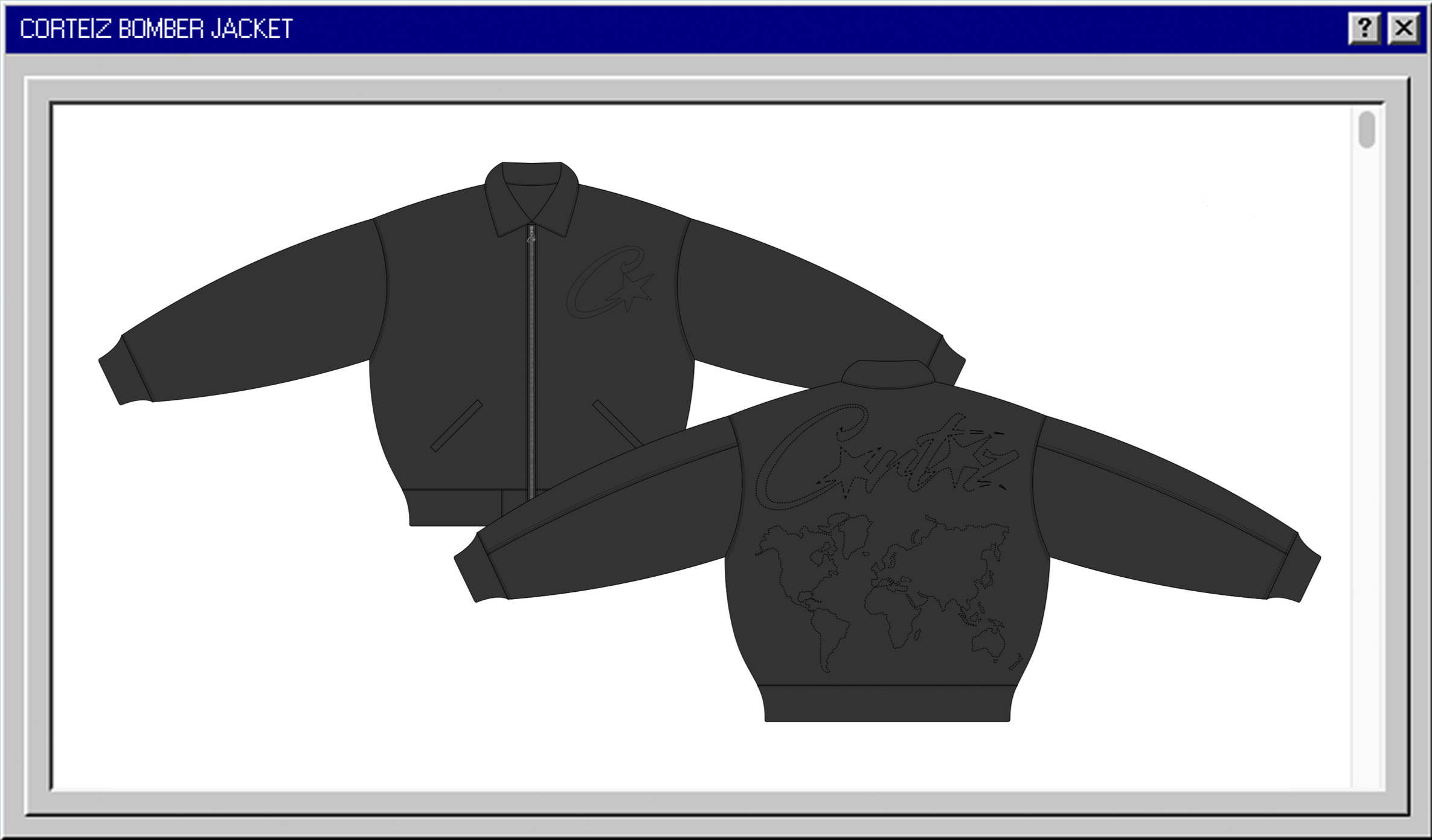 Digital illustration of a black bomber jacket with a front zipper, two side pockets, and a collar. The back features a world map outline and a cursive signature reading 'Cortéz' with a star.