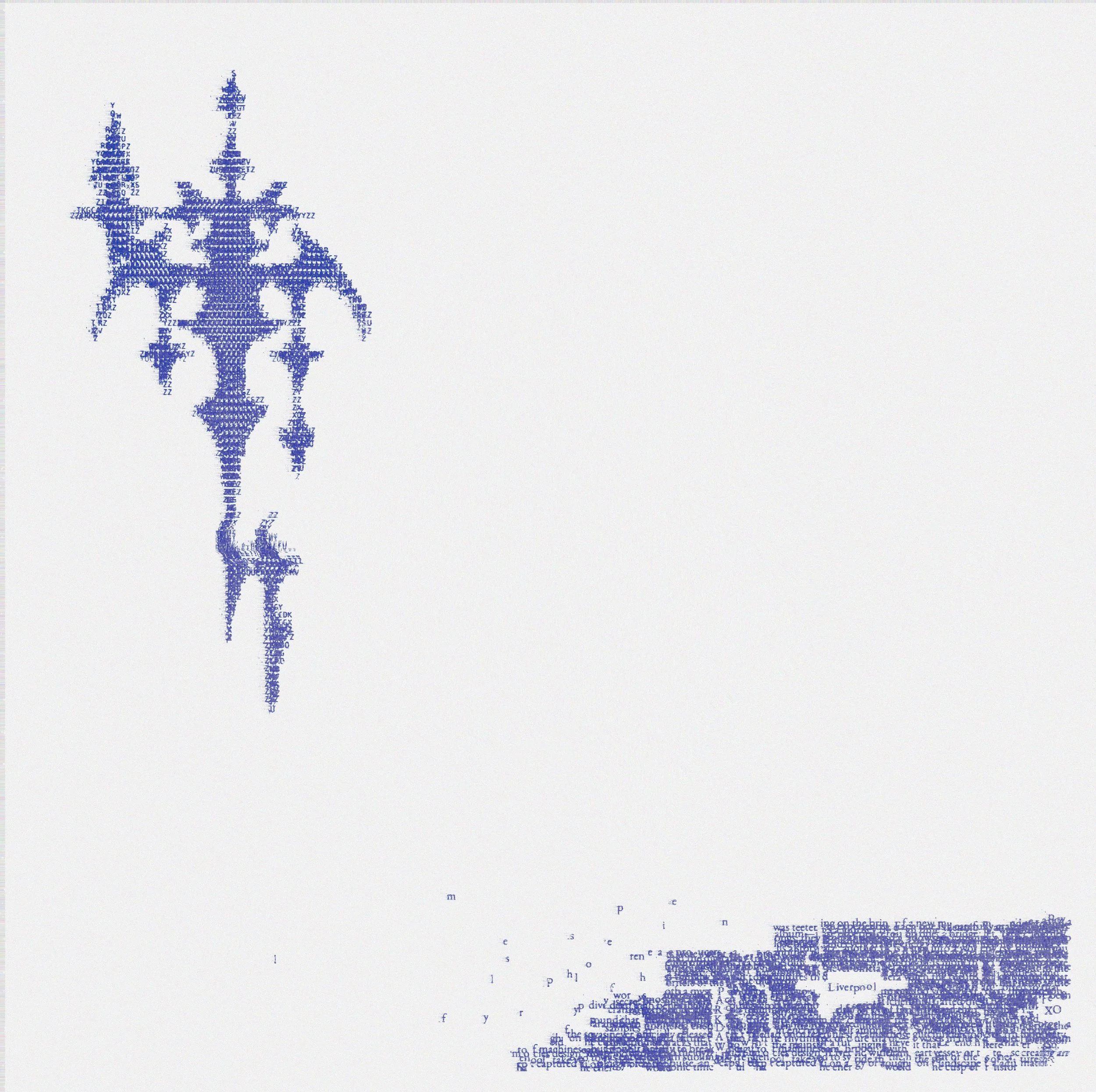 Blue digital style snowflake and group of text characters on a white background.