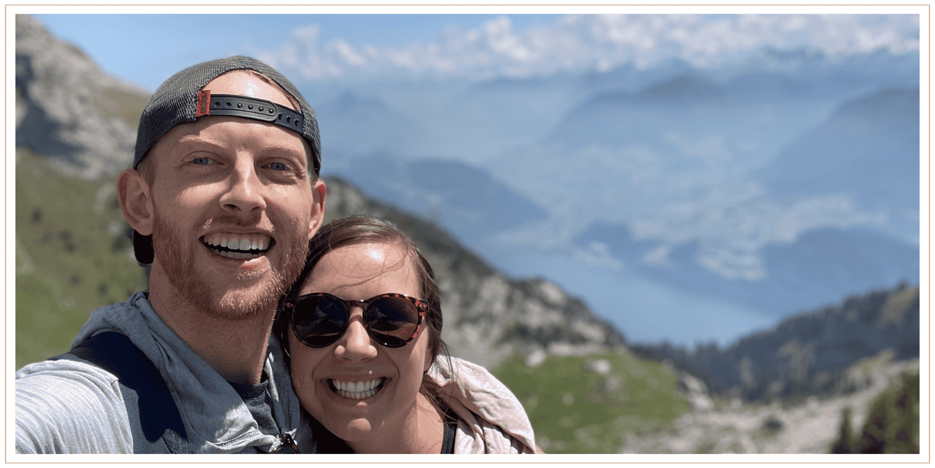 Wesley taking a selfie with his new wife with the Swiss Alps in the background.