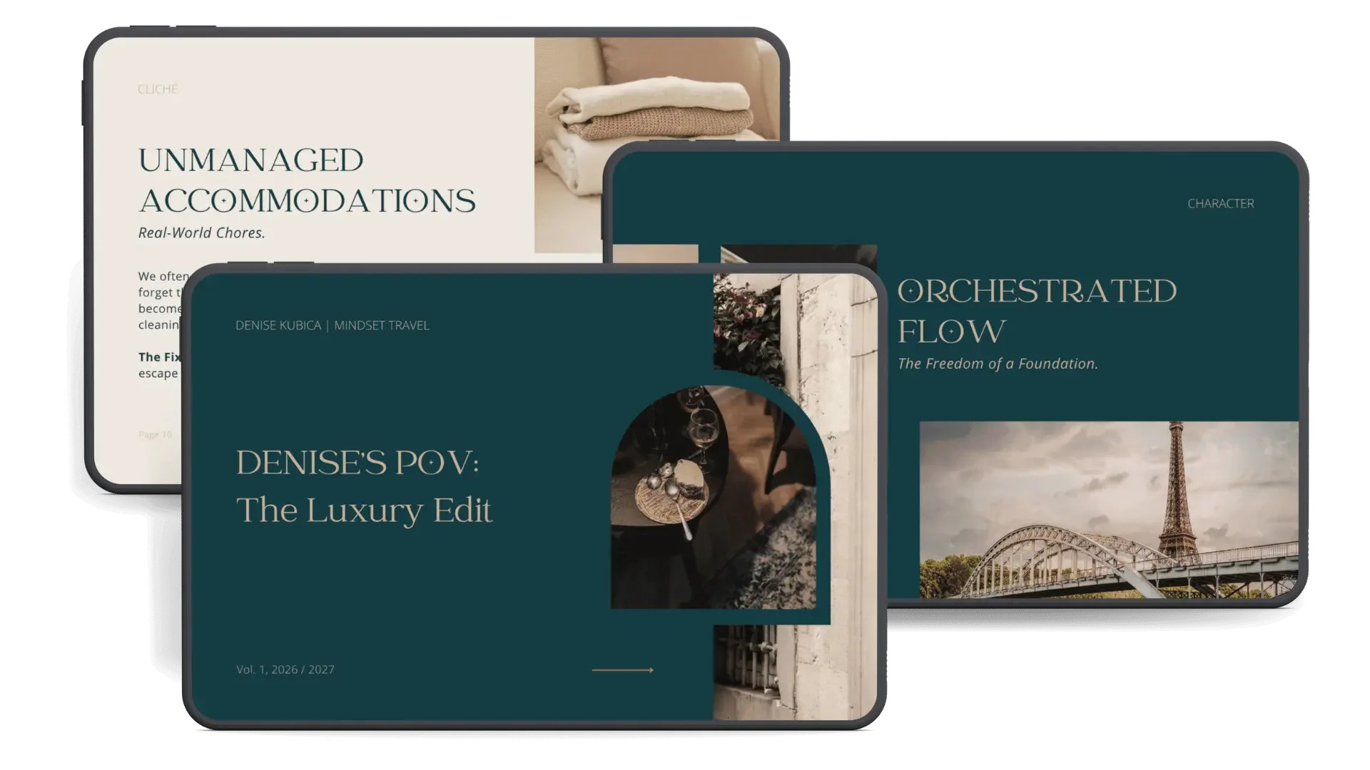 Denise's POV, The Luxury Edit Vol. 1, mocked up on three tablets.