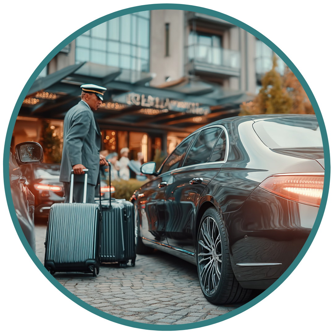 A hotel porter in a hat and sunglasses is standing next to two rolling suitcases outside a hotel, looking at a black luxury car parked at a valet, with the hotel in the background.