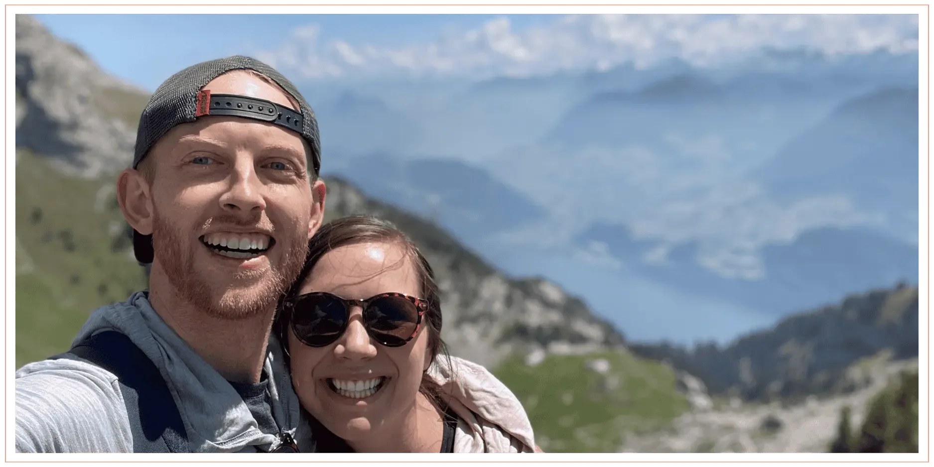 Wesley taking a selfie with his new wife with the Swiss Alps in the background.