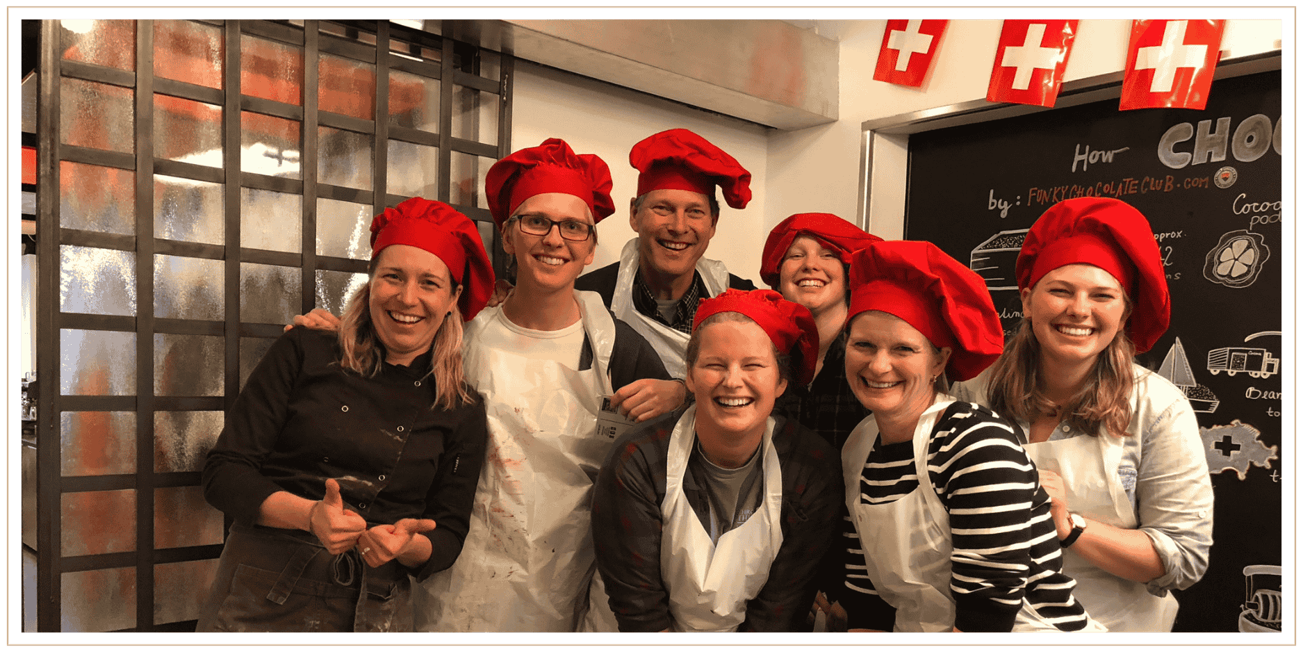 The Miller family of 6 having fun at a private chocolate making class in Lucerne, Switzerland, with the chocolatiers.