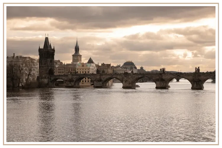 The Charles Bridge in the fall at dawn with an early morning glow and a naked tree on the left bank.
