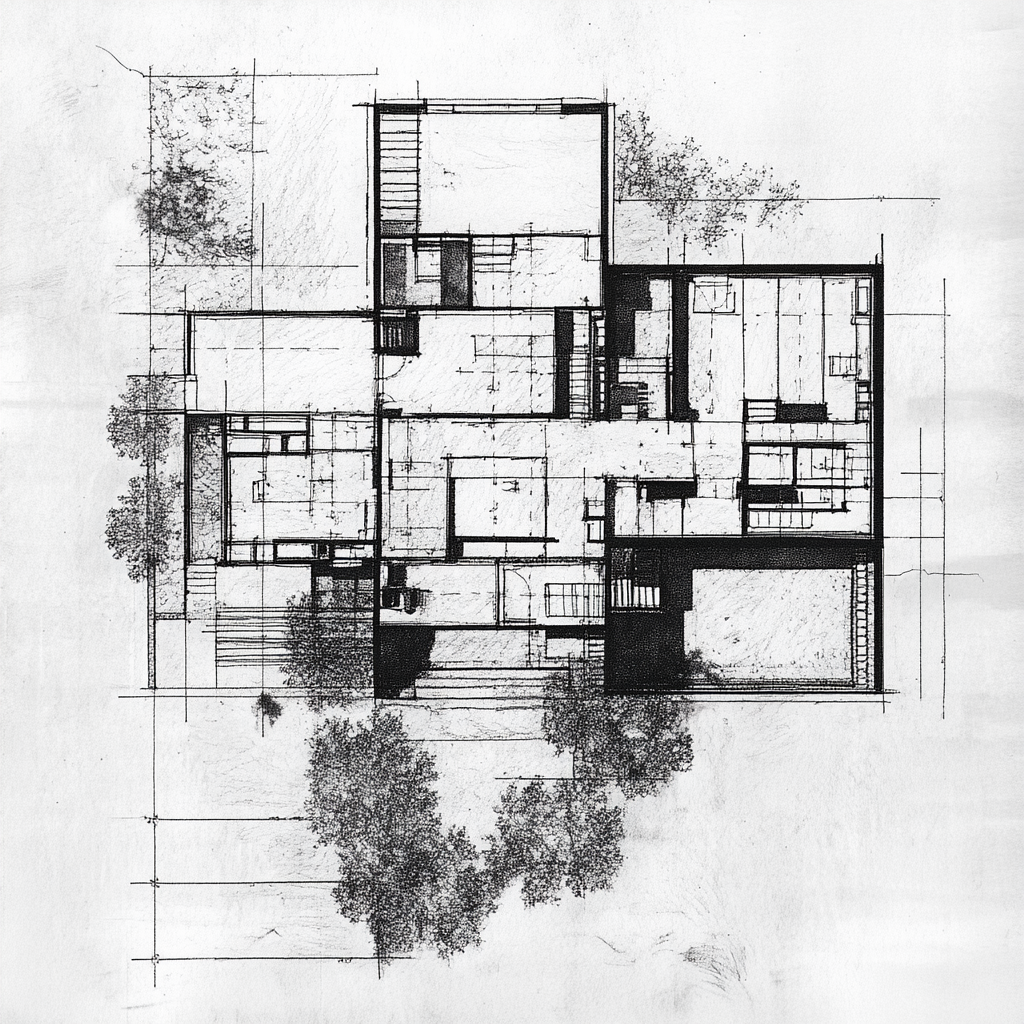 Architectural blueprint of a house with trees surrounding it.