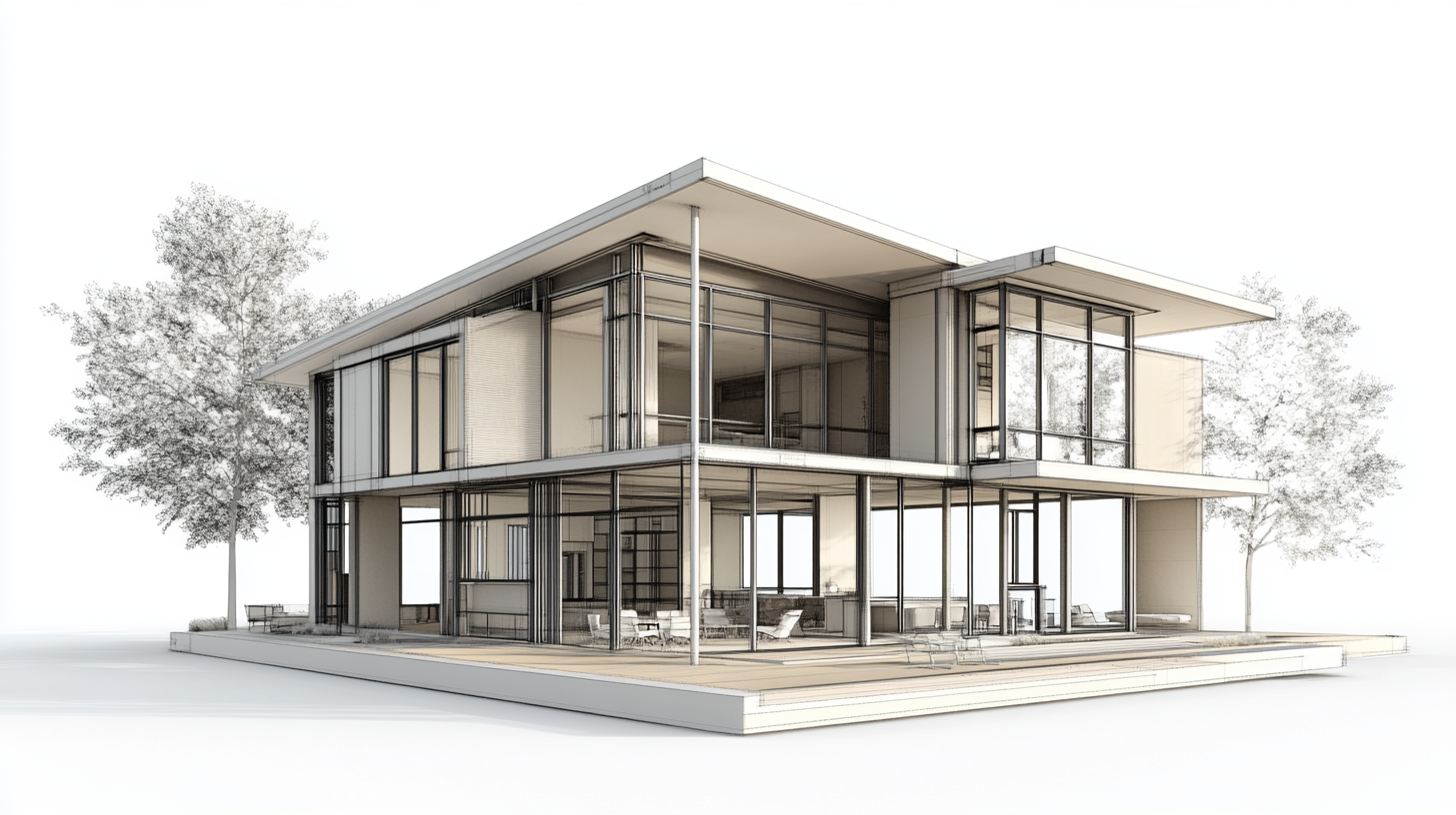 A modern two-story house with large glass windows and a flat roof, surrounded by trees, with an outdoor patio area.