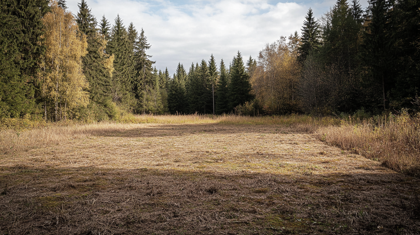 A cleared, open field surrounded by trees with autumn foliage, under a partly cloudy sky.