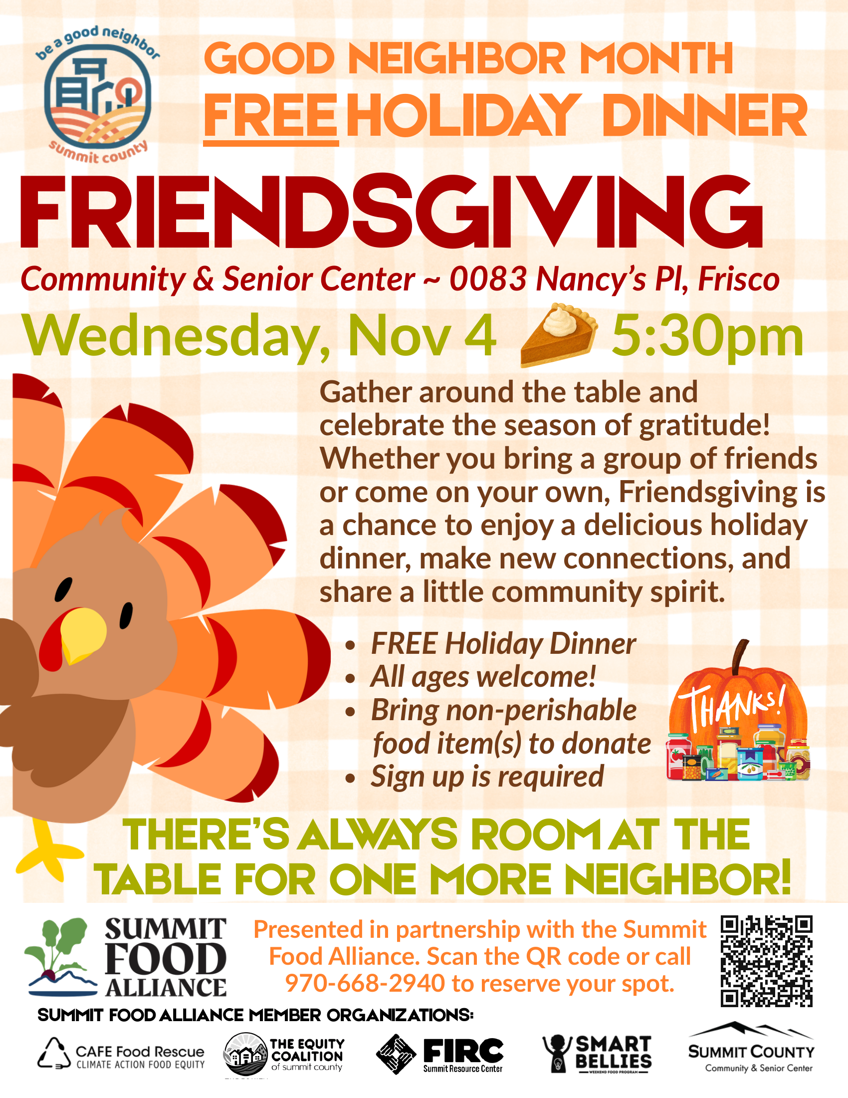 Friendsgiving flyer: free holiday dinner, Nov 4 at 5:30 pm, Summit County Community & Senior Center in Frisco.