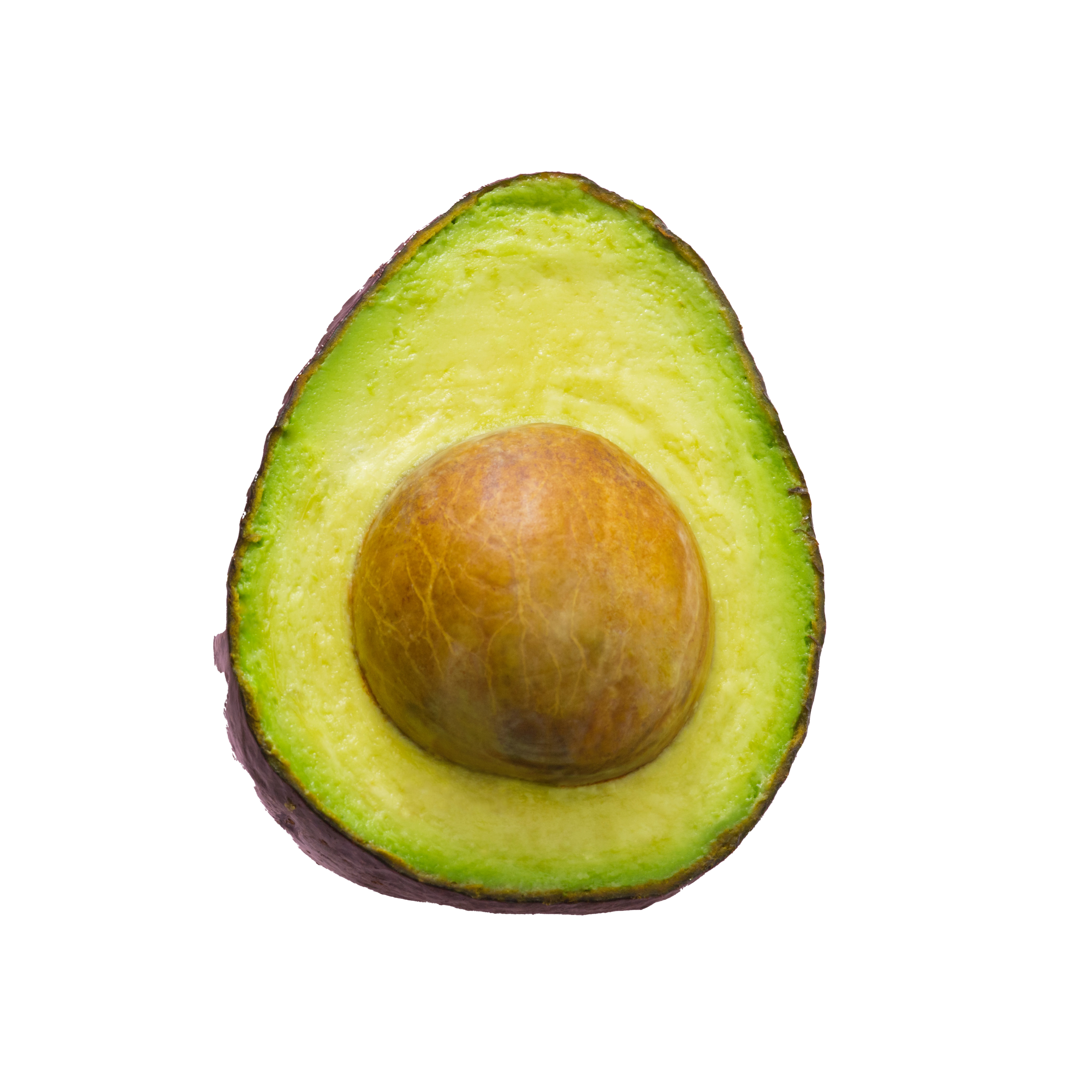 Close-up of a half avocado showing the green flesh and large seed.