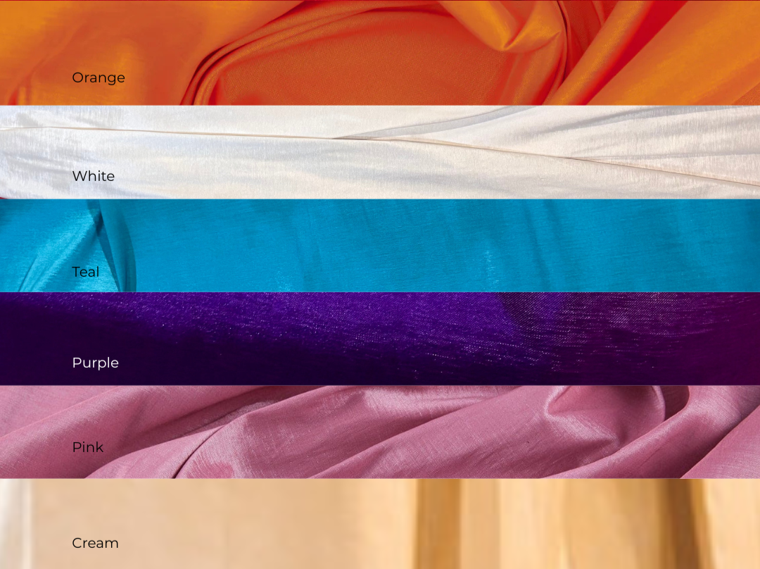 An image showing five horizontal swatches of fabric in orange, white, teal, purple, and pink, each labeled with their color names.