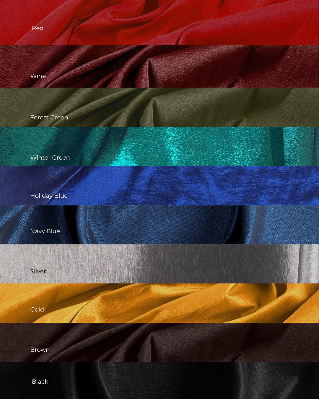 A collection of fabric swatches arranged in horizontal strips, displaying various colors: red, wine, forest green, winter green, holiday blue, navy blue, silver, gold, brown, and black.
