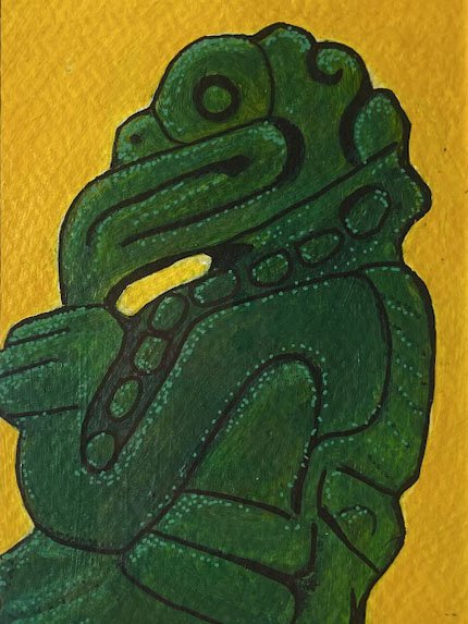 Tazumal Bird / Acrylic on paper (4X6") 2024