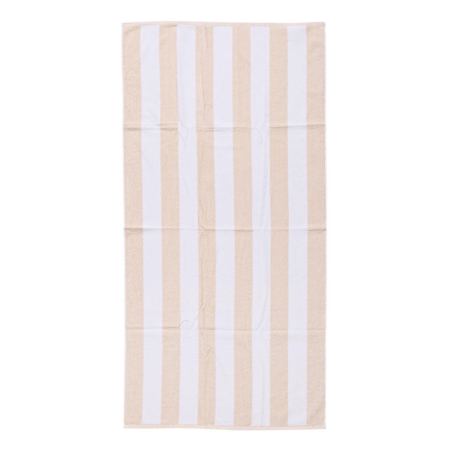 A beach towel with soft beige and crisp white stripes.
