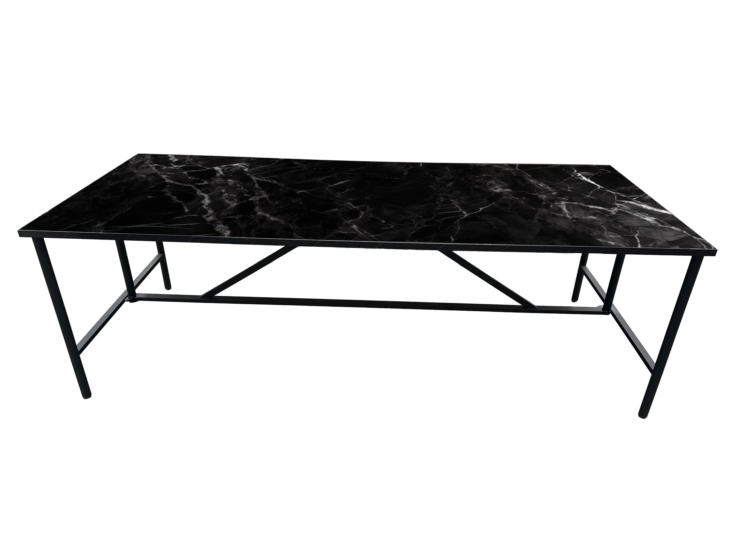 This sophisticated dining table combines a sculptural foldable black metal frame with a richly veined black marble top, offering understated luxury and modern functionality.