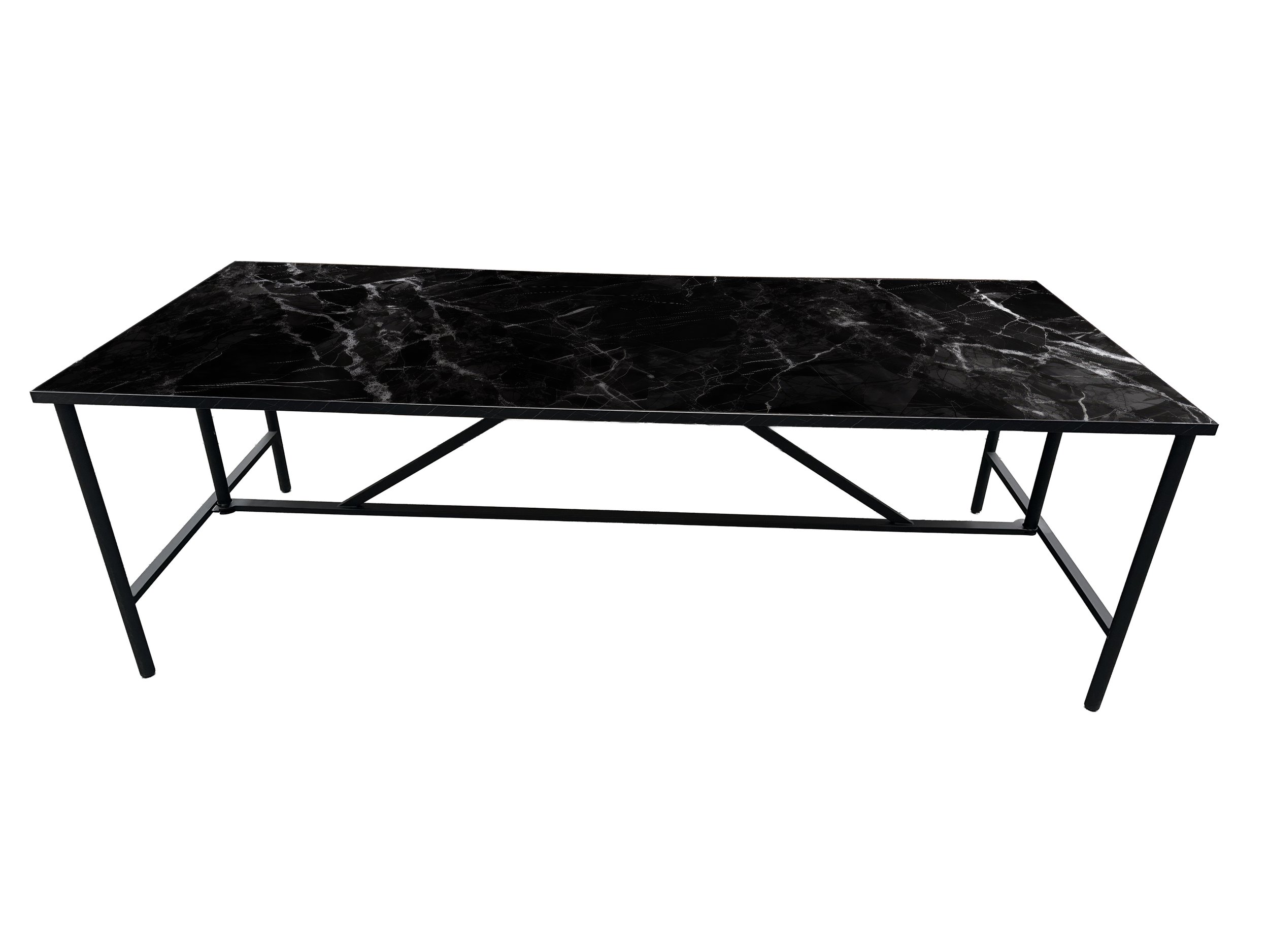 A contemporary foldable dining table featuring a sturdy black metal frame and an elegant black marble top.
