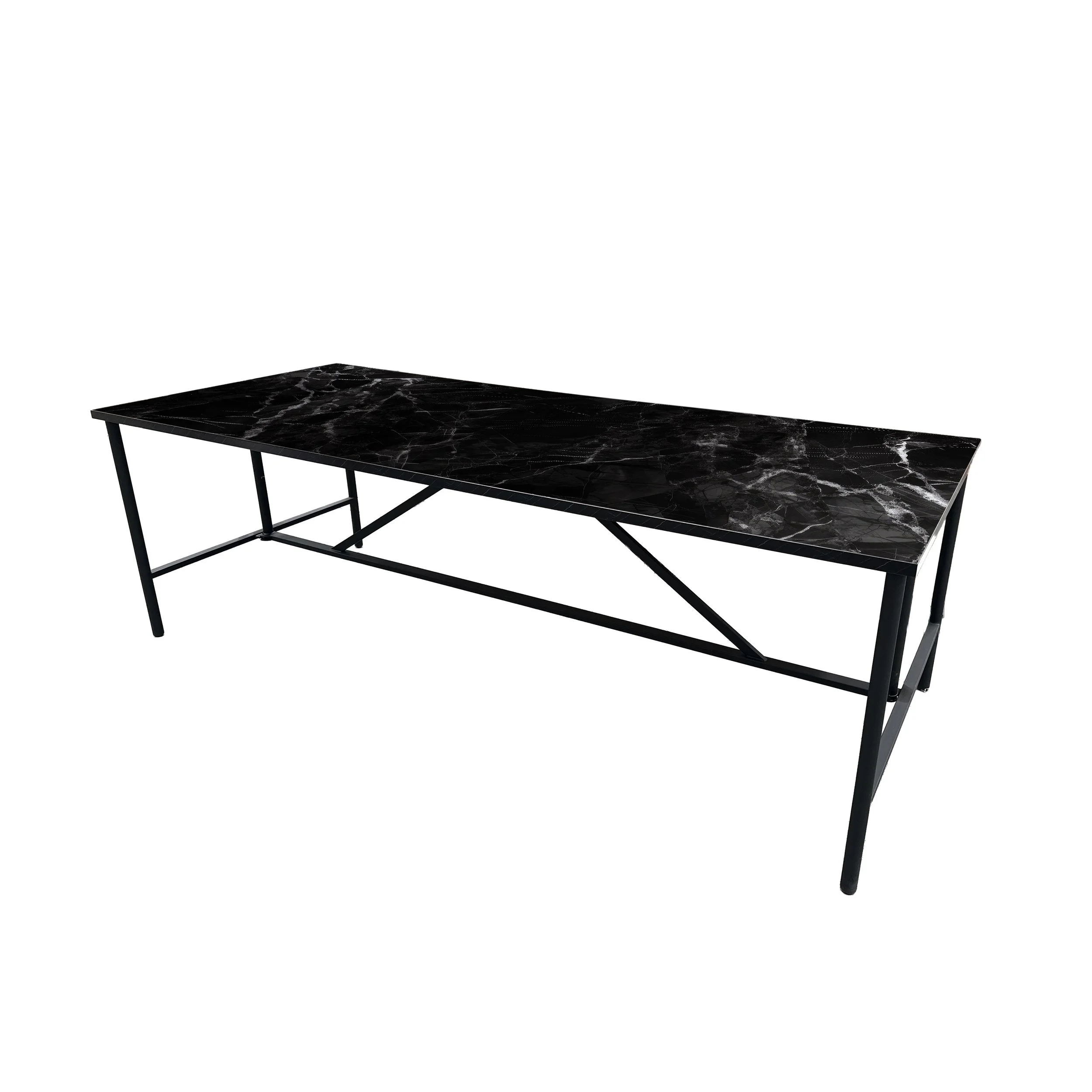 This sophisticated dining table combines a sculptural foldable black metal frame with a richly veined black marble top, offering understated luxury and modern functionality.