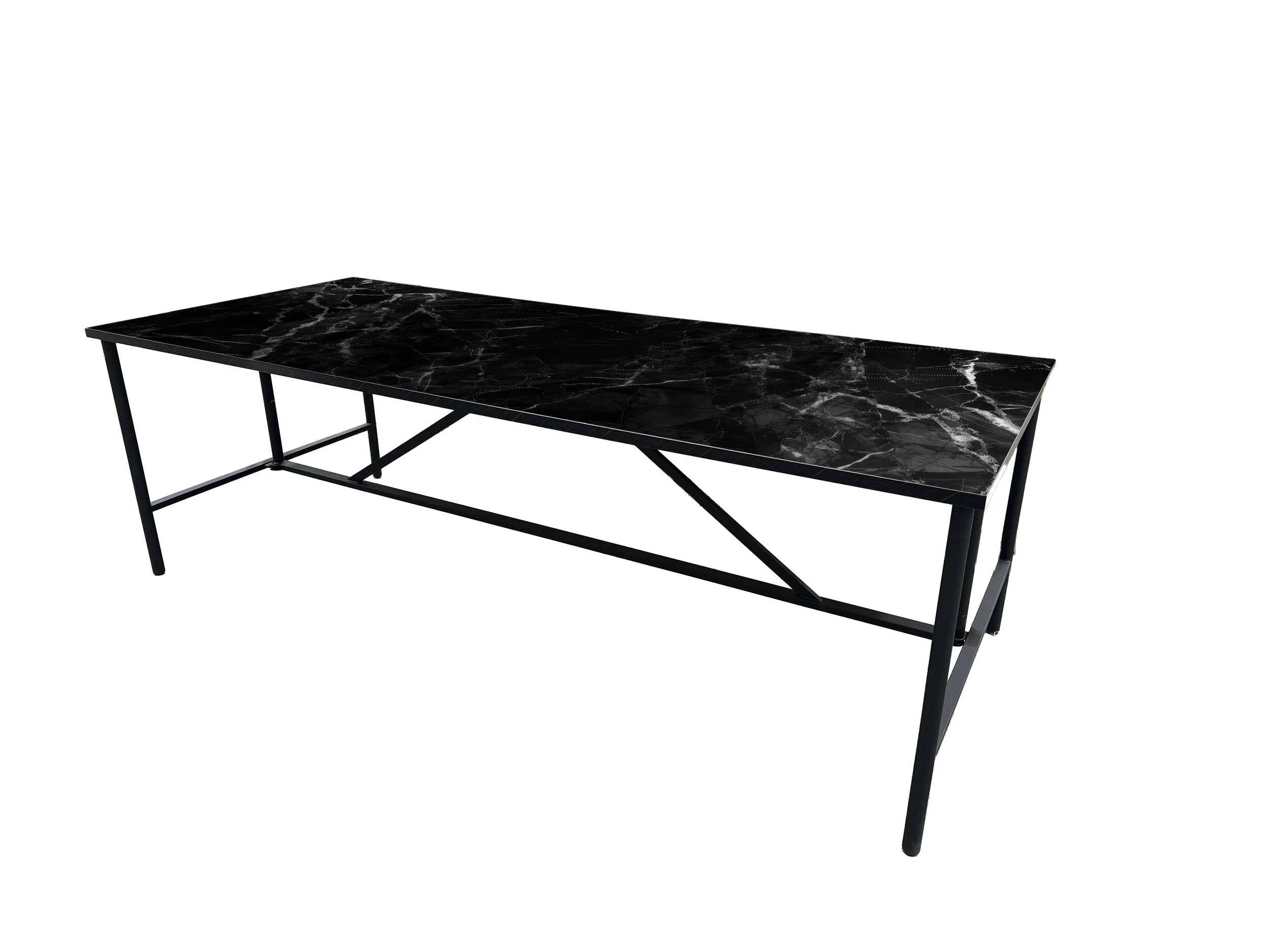 A contemporary foldable dining table featuring a sturdy black metal frame and an elegant black marble top.