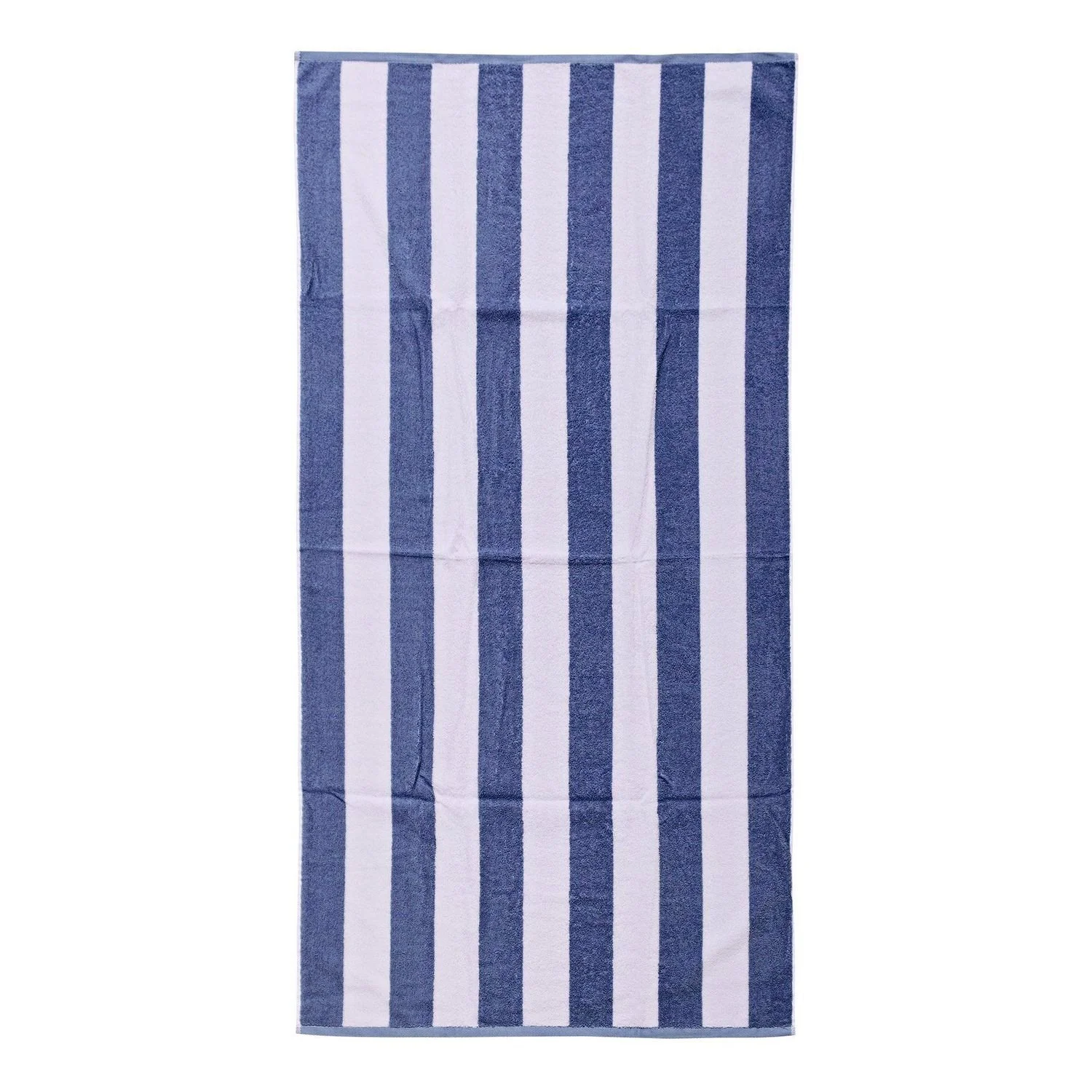 A beach towel with deep blue and crisp white stripes