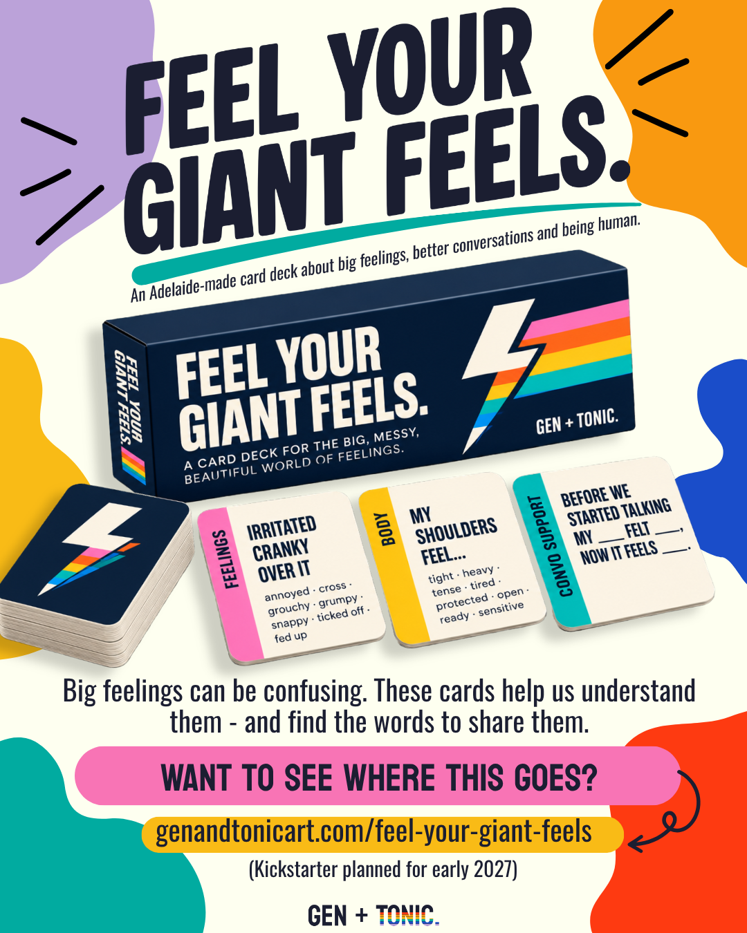 Feel Your Giant Feels promotional graphic shared with friends to help spread the word about Gen + Tonic's upcoming feelings card deck.