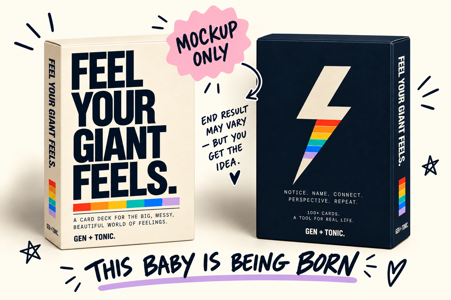 Feel Your Giant Feels card deck by Gen + Tonic, featuring colourful cards designed to help people identify and talk about their feelings.